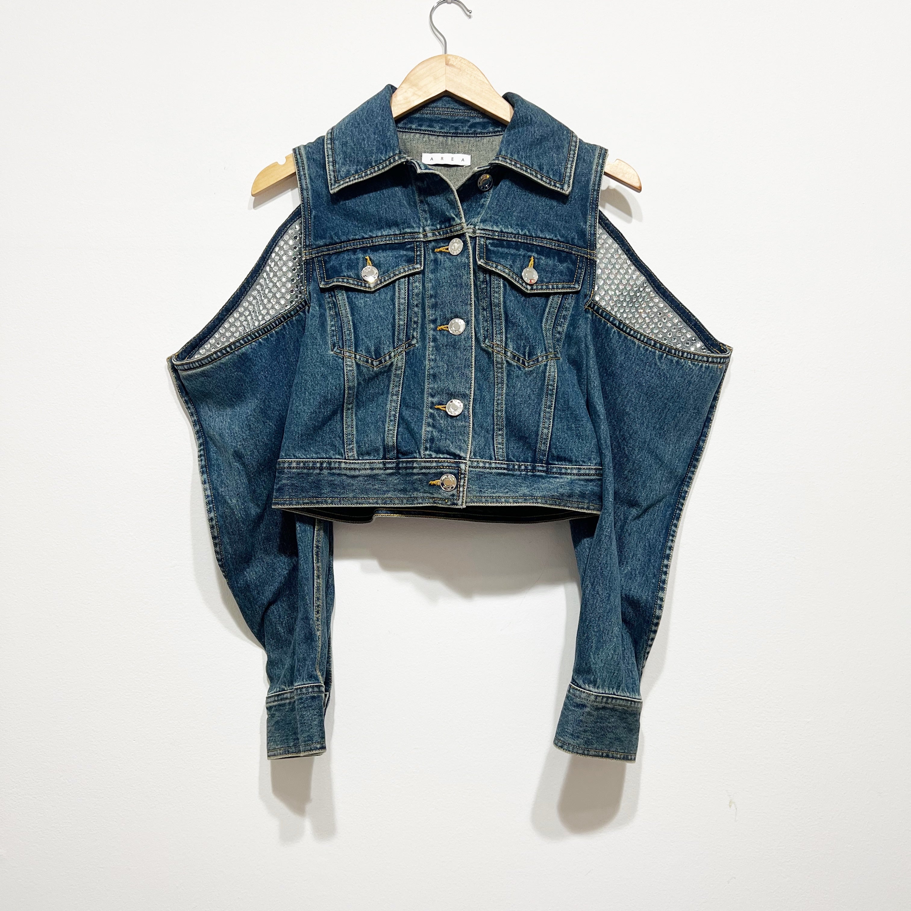Area Cutout Crystal Jewel Diamond Embellished Denim Jean Cotton Jacket Blue XS