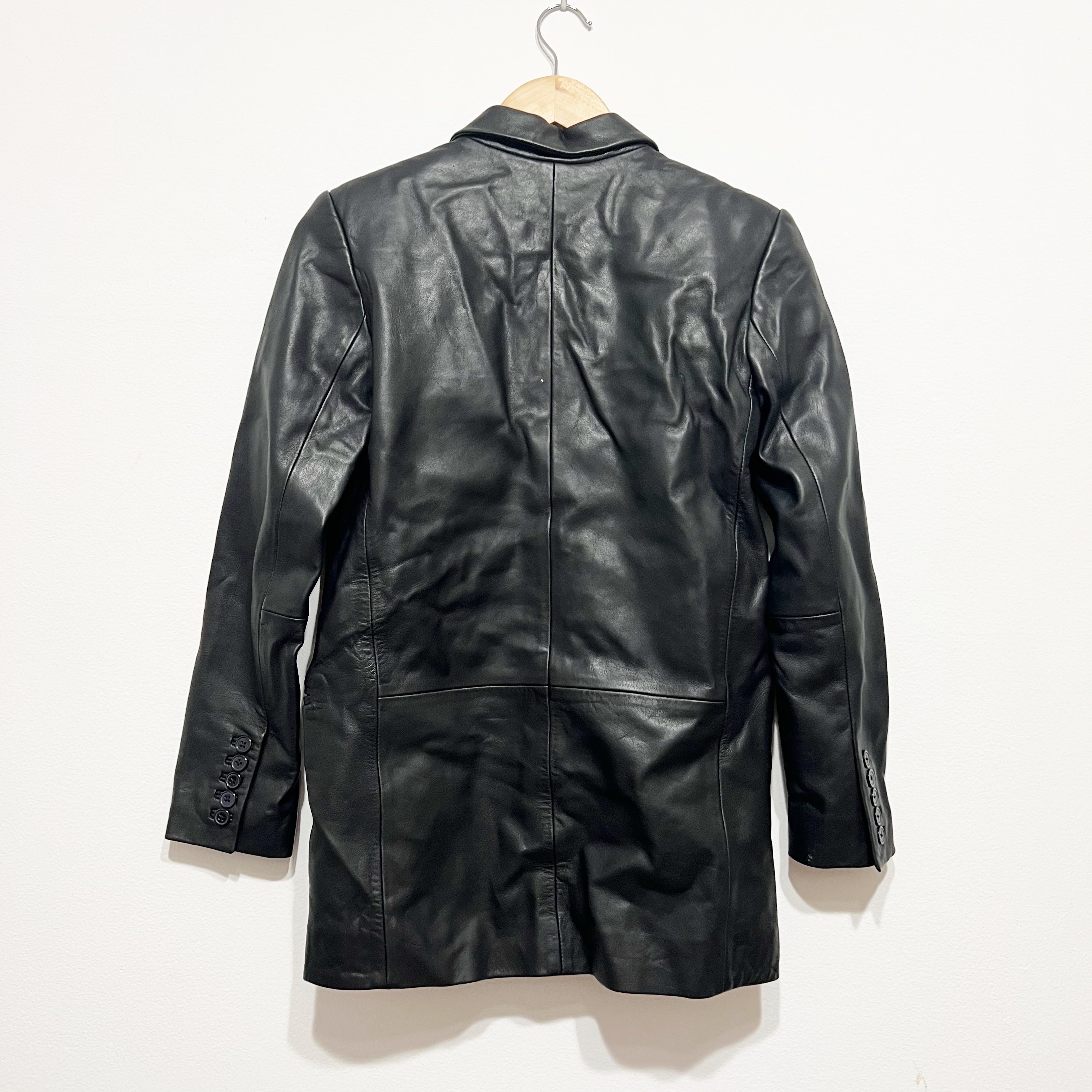 SPRWMN Women's Genuine Leather One Button Blazer Jacket Solid Black XS