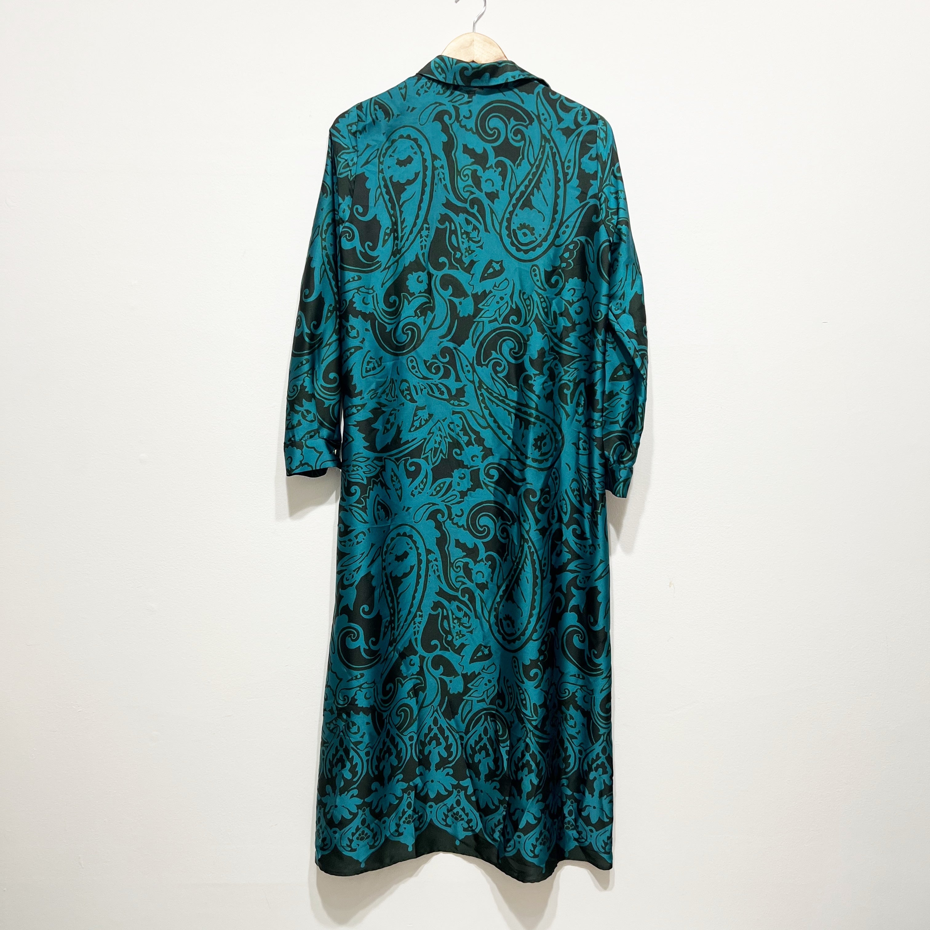 NEW Zara Satin Collared Quarter Sleeve Button Front Blue Black Pattern Dress XS