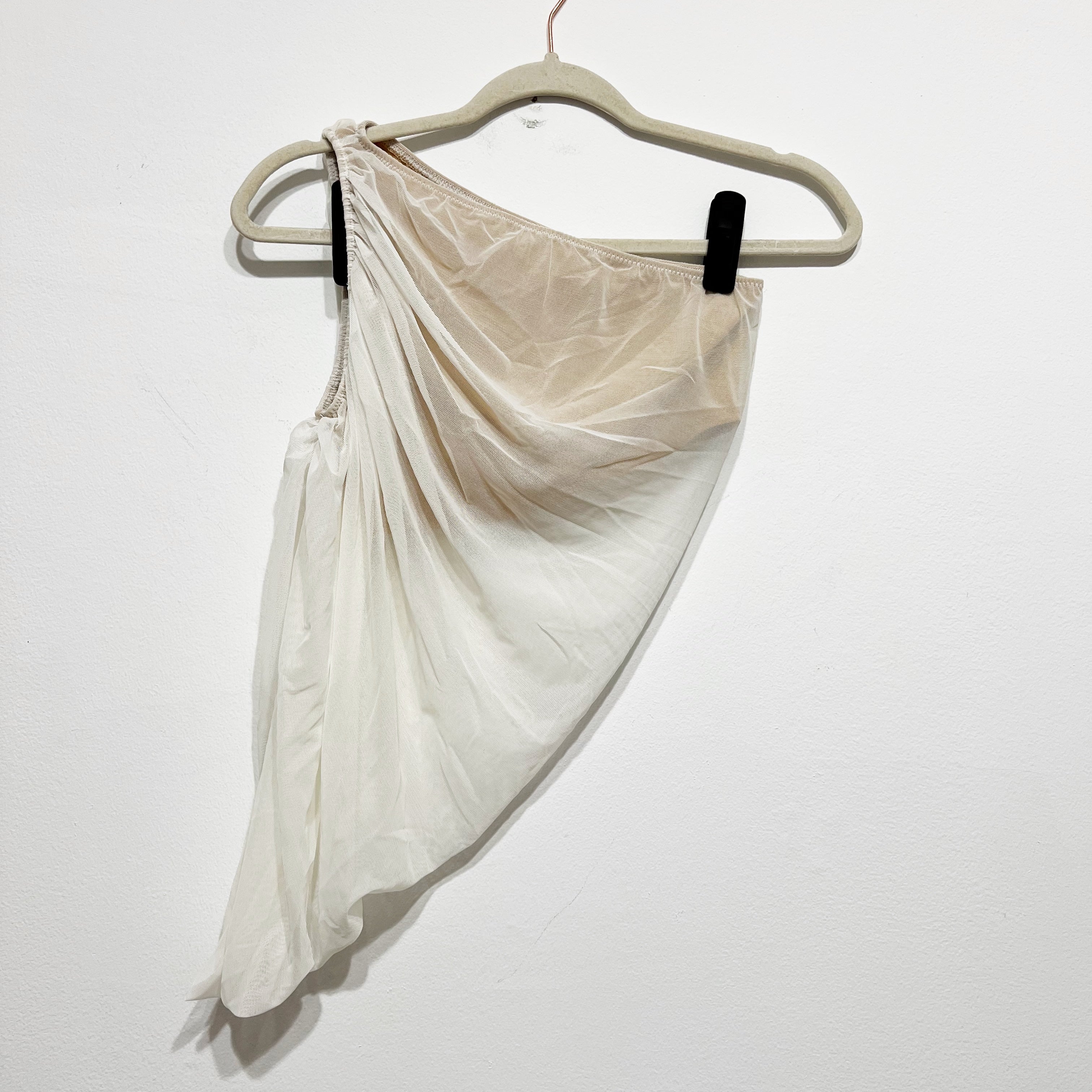 Norma Kamali Diana Draped Ruched Mesh Tulle Pull On Mini Skirt Neutral White S