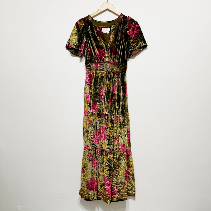 Anthropologie The Somerset Velvet Velour Tiered Green Pink Floral Motif Dress XS