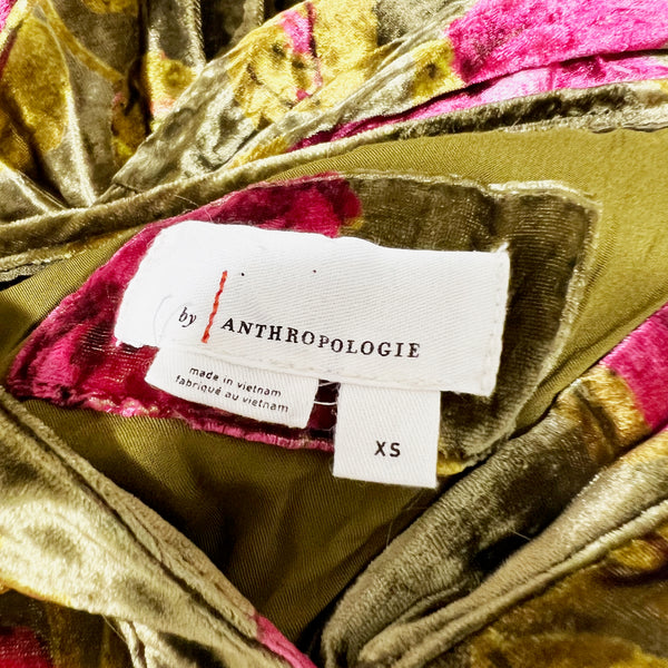 Anthropologie The Somerset Velvet Velour Tiered Green Pink Floral Motif Dress XS