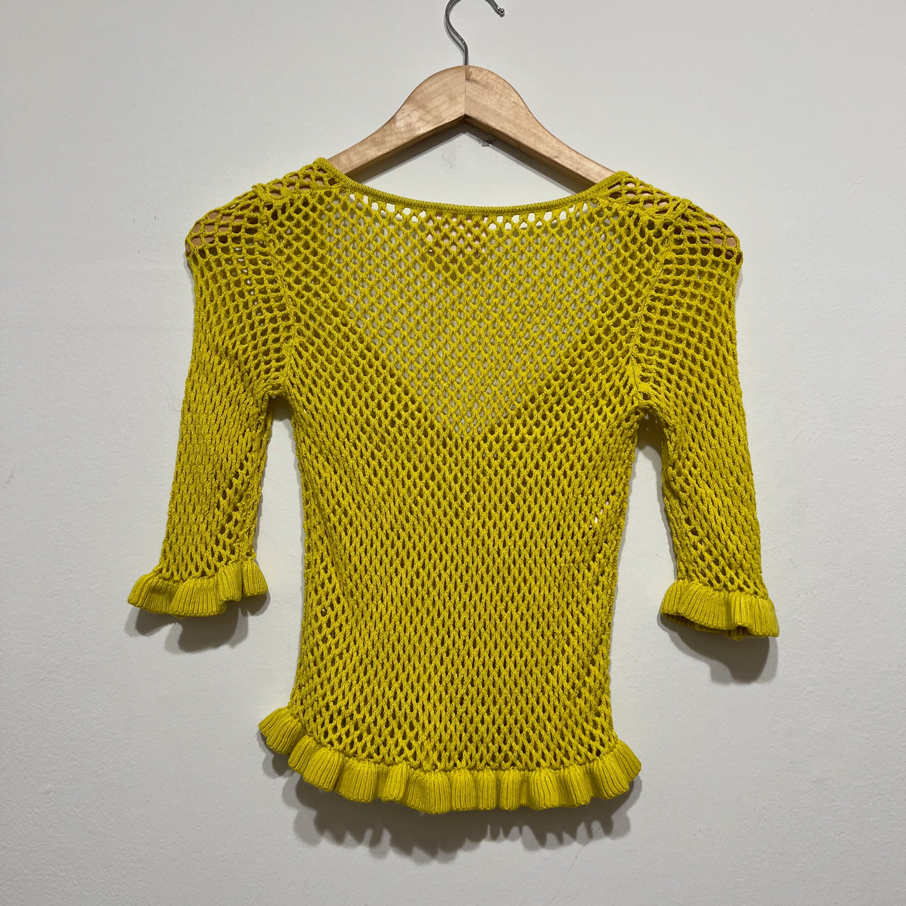 Cinq A Sept Fish Net Crochet Knit V Neck Ruffle Quarter Sleeve Cropped Sweater