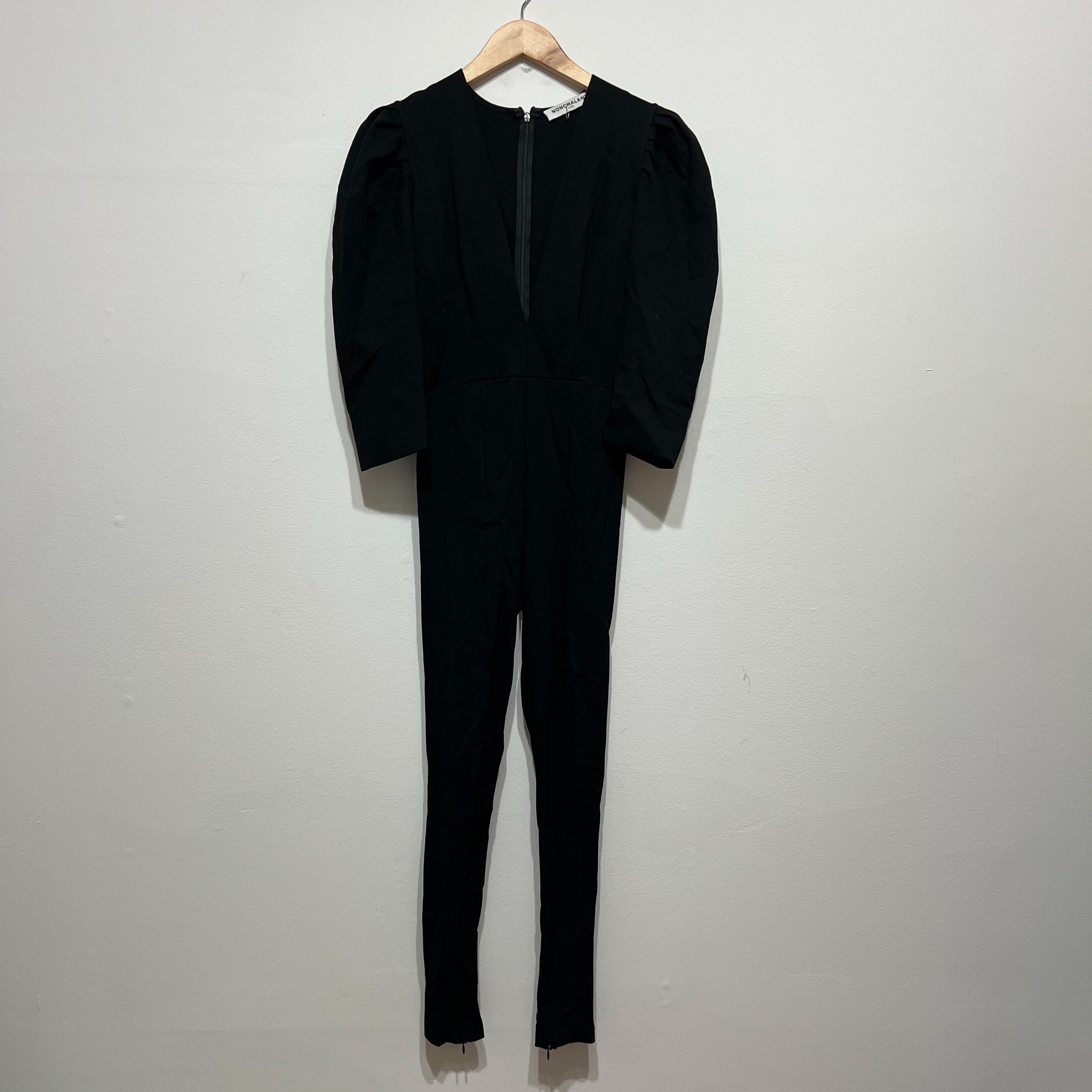 Nonchalant Label Jaleen Stretch Knit Puff Sleeve V Neck Jumpsuit Catsuit Black