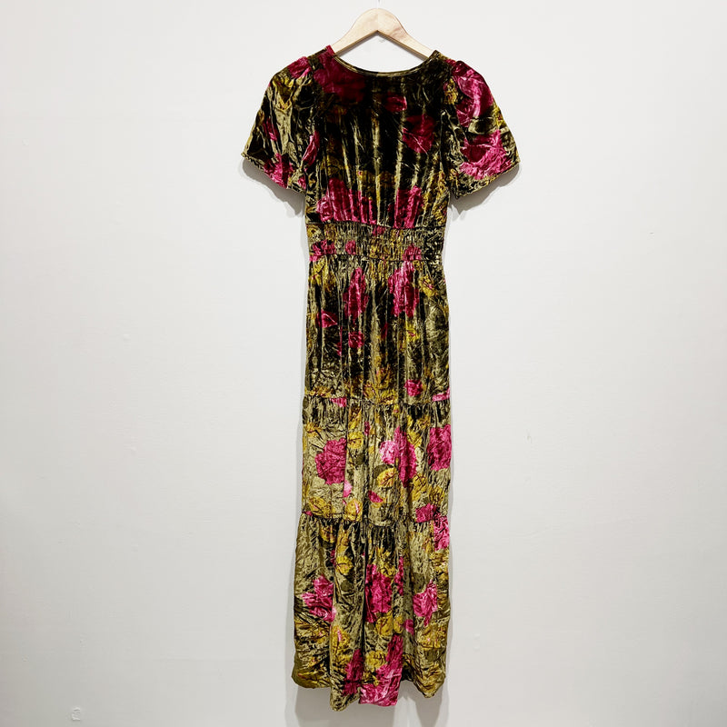 Anthropologie The Somerset Velvet Velour Tiered Green Pink Floral Motif Dress XS