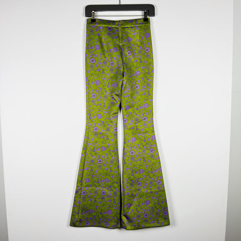 NEW Cynthia Rowley The Bonded Flare Stretch Green Purple Paisley Print Pants 0