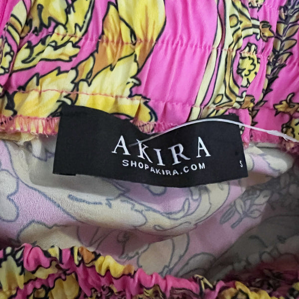 Akira Basque Waist Yellow Pink Paisley Floral Print Pattern Chiffon Mini Skirt S