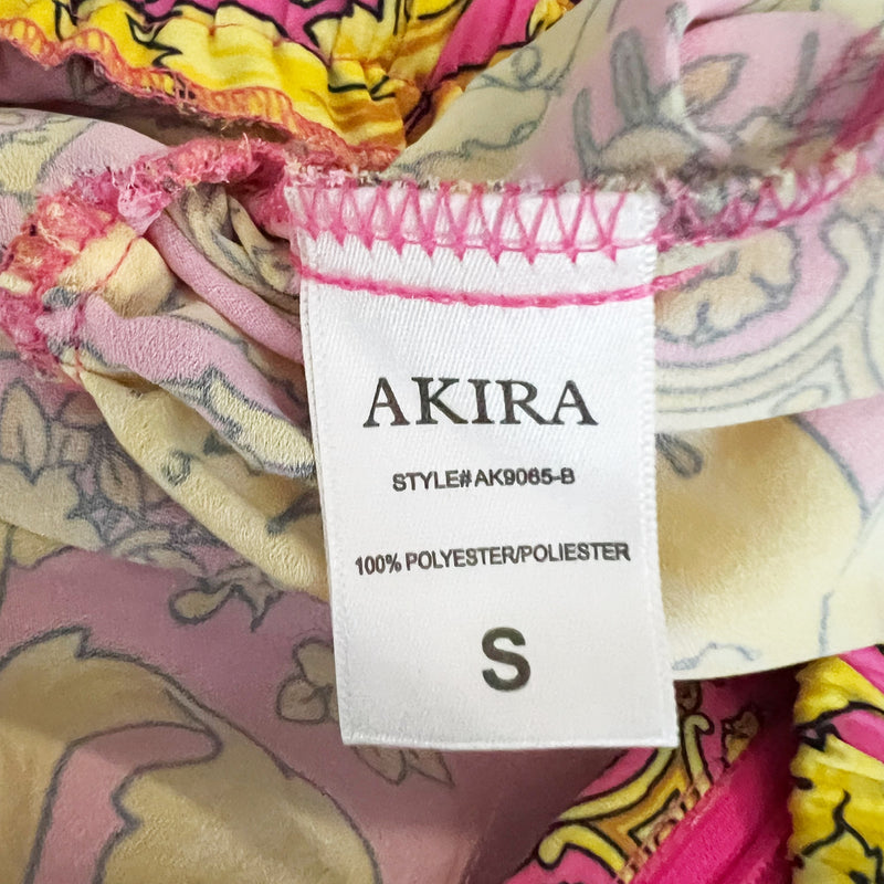 Akira Basque Waist Yellow Pink Paisley Floral Print Pattern Chiffon Mini Skirt S