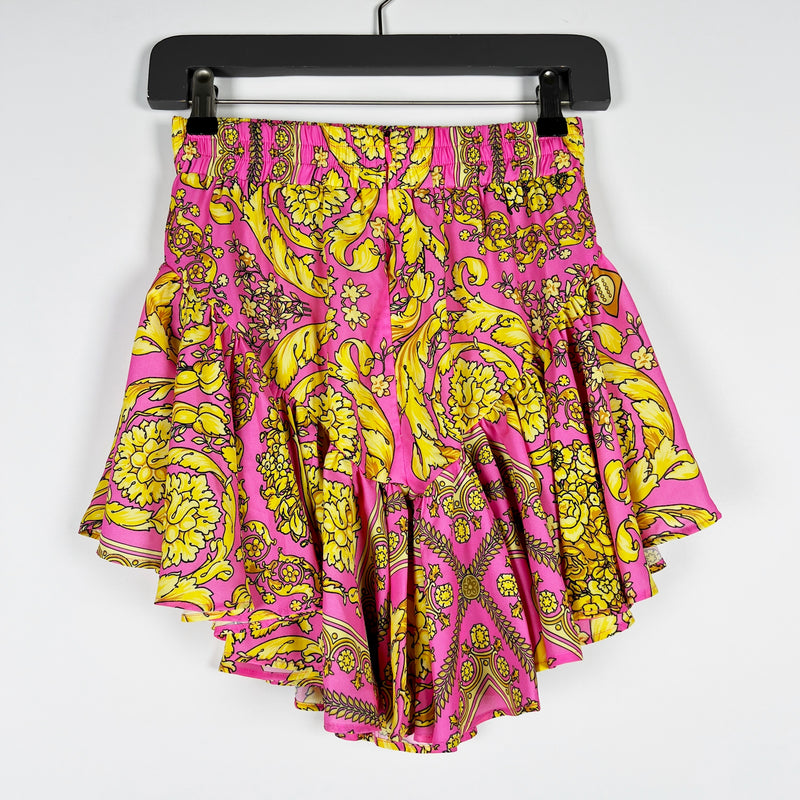 Akira Basque Waist Yellow Pink Paisley Floral Print Pattern Chiffon Mini Skirt S