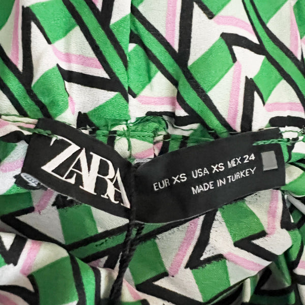 NEW Zara Green Pink White Geometric Print Chiffon Accordion Pleated Midi Skirt