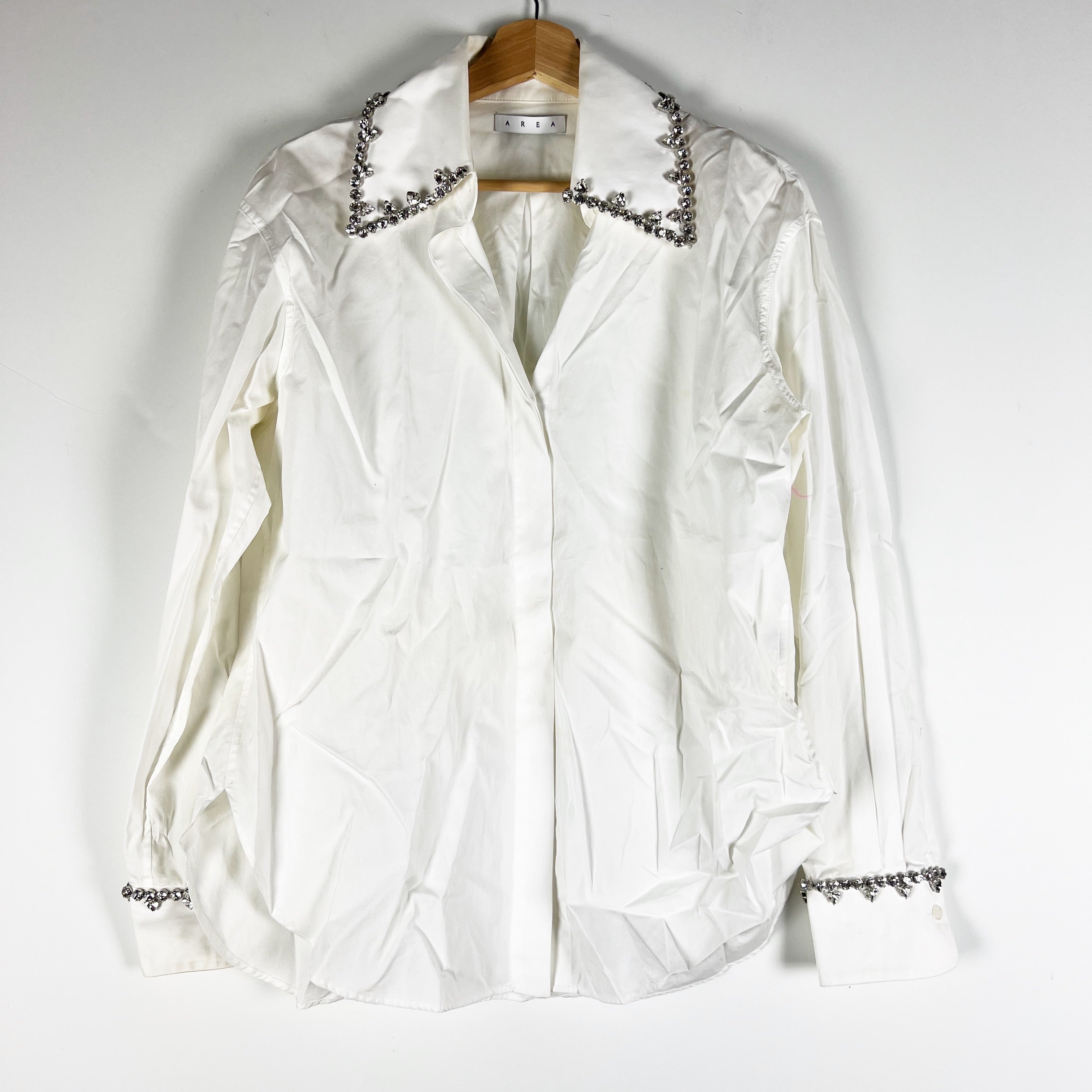 Area Cotton Poplin Crystal Jewel Diamond Embellished Trim Button Down Blouse Top