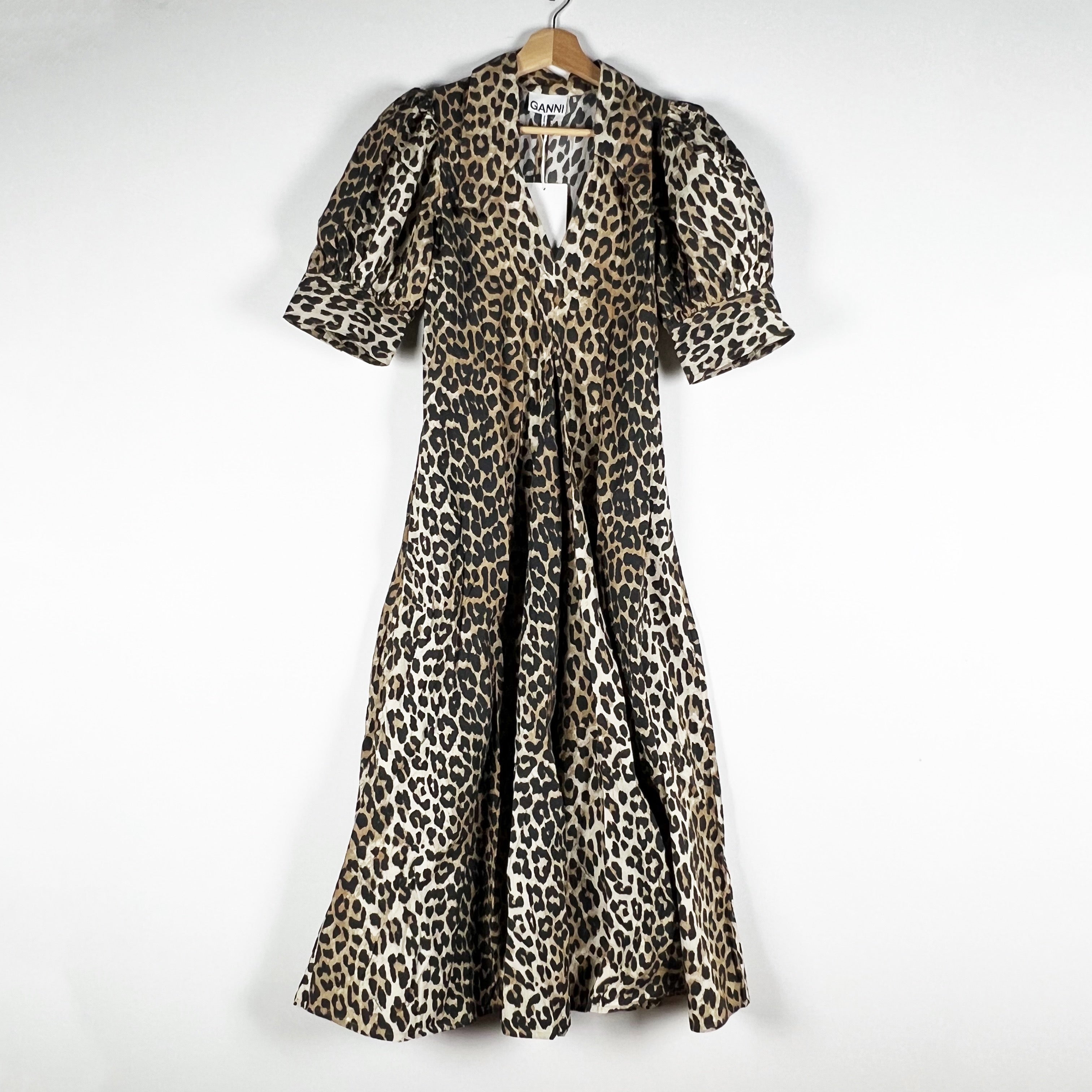 NEW Ganni F8842 Organic Cotton Poplin Leopard Animal Print Pattern Midi Dress 0