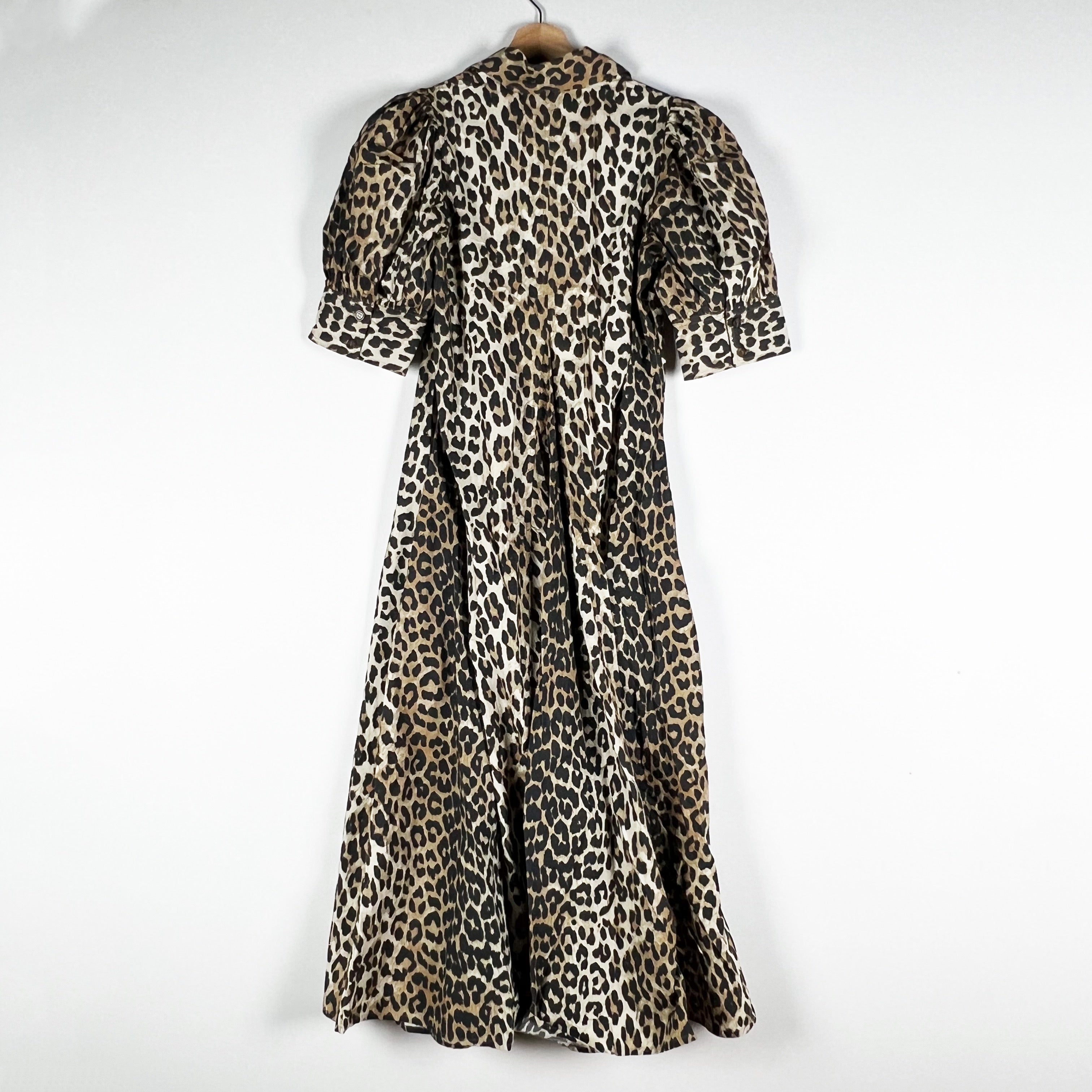 NEW Ganni F8842 Organic Cotton Poplin Leopard Animal Print Pattern Midi Dress 0