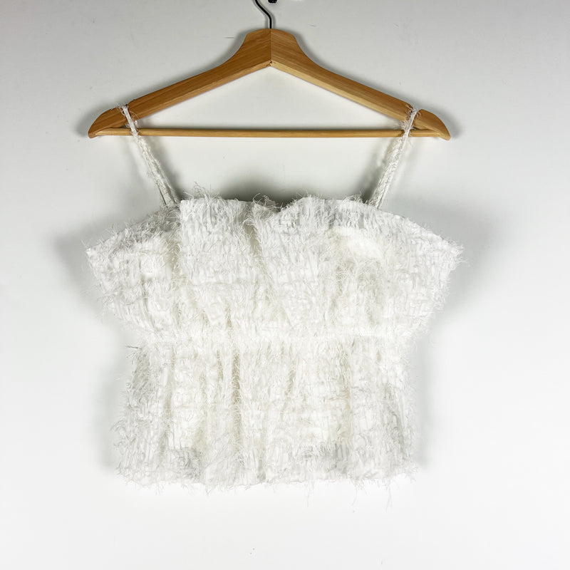 Zara Faux Fuzzy Feather Textured Tulle Pleated Cinch Waist Tank Top White Small