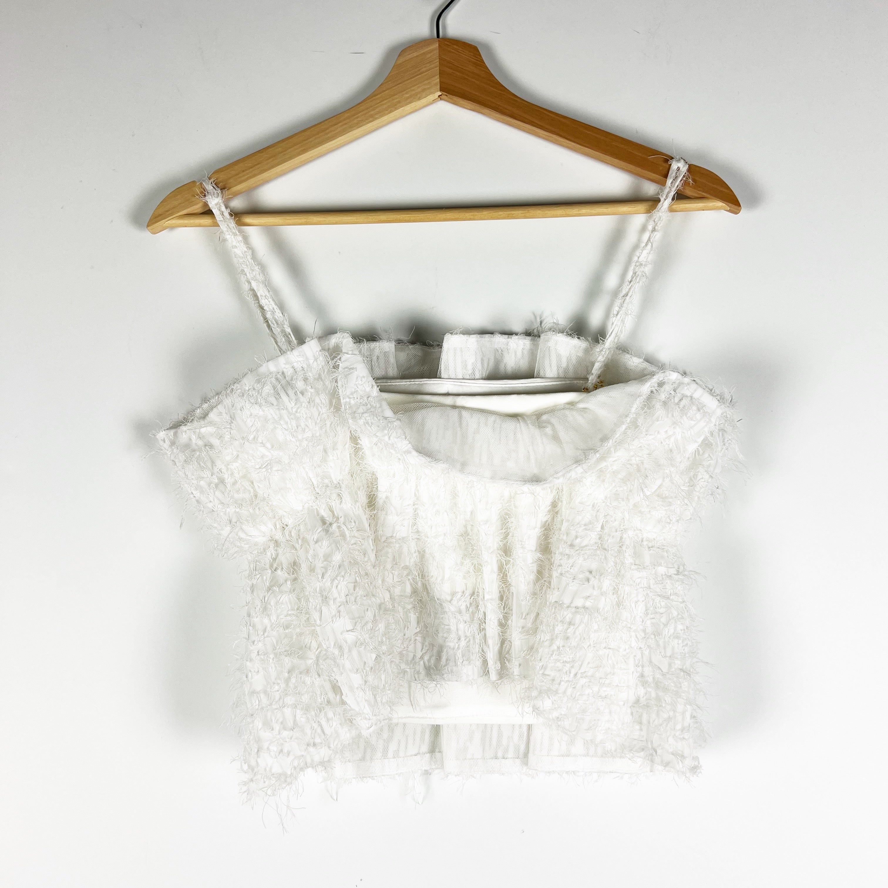 Zara Faux Fuzzy Feather Textured Tulle Pleated Cinch Waist Tank Top White Small