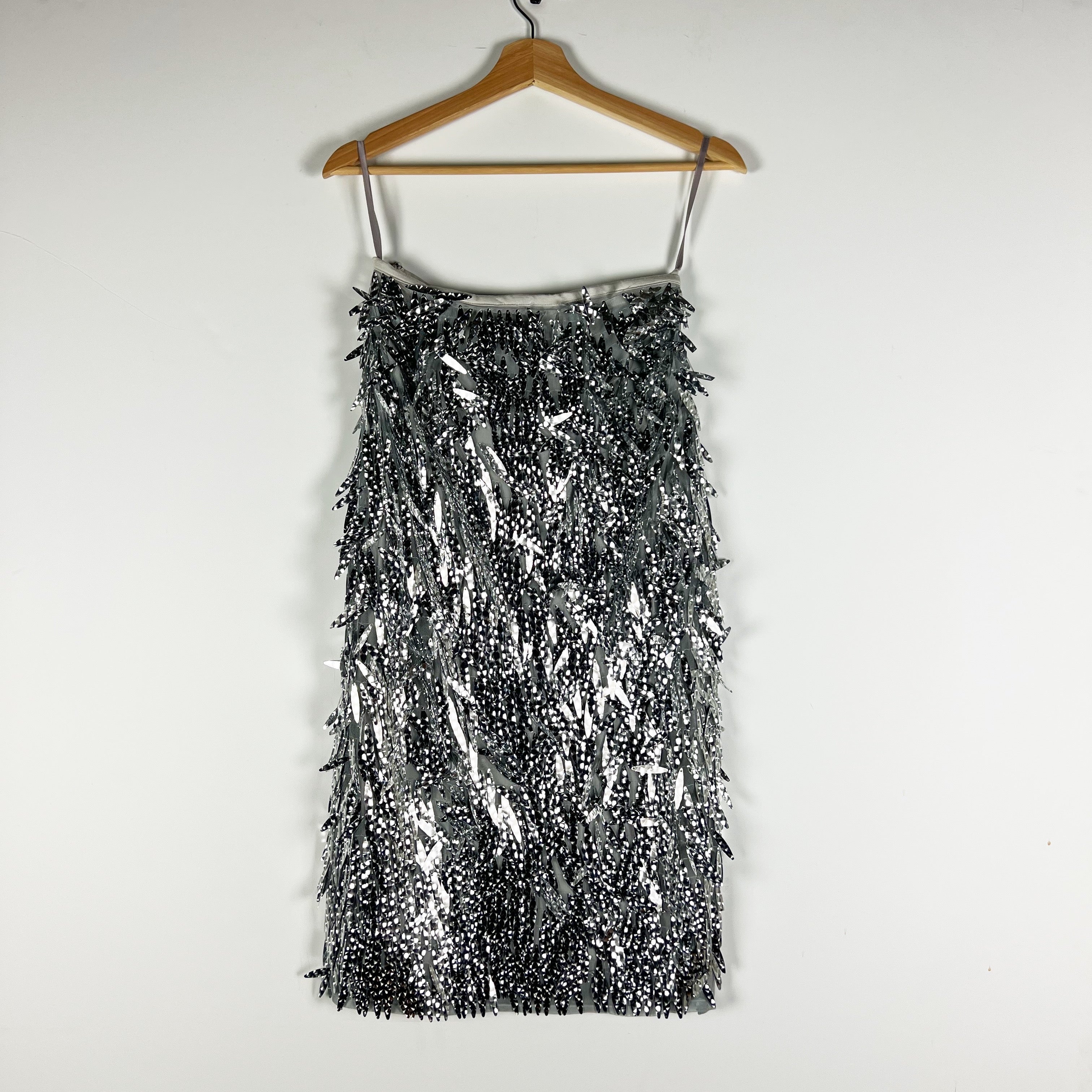 NEW Anthropologie Fringe Paillette Silver Sequin Sparkle Embellished Midi Skirt