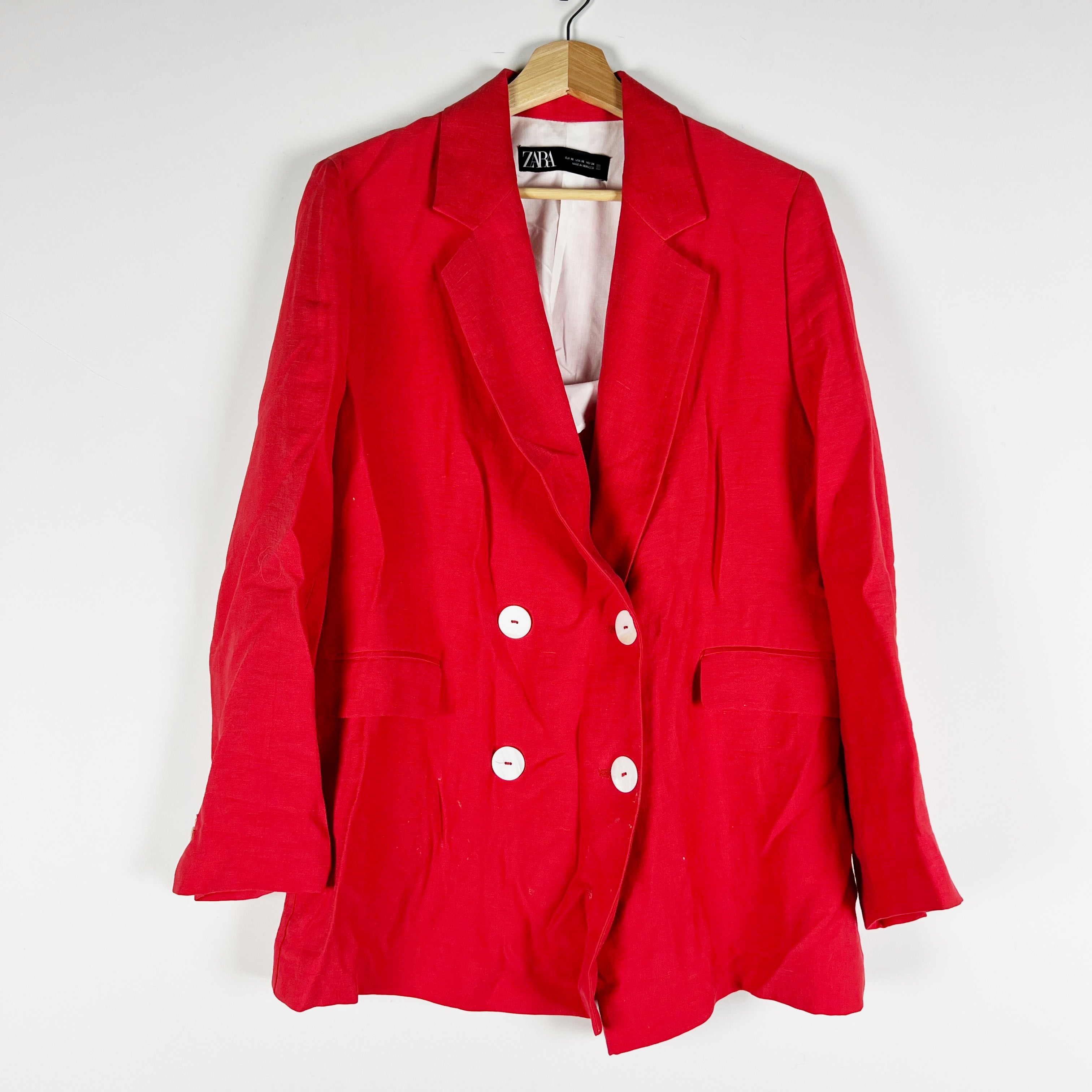 Zara Women's Linen Blend Double Breasted Lightweight Blazer Jacket Solid Red XS