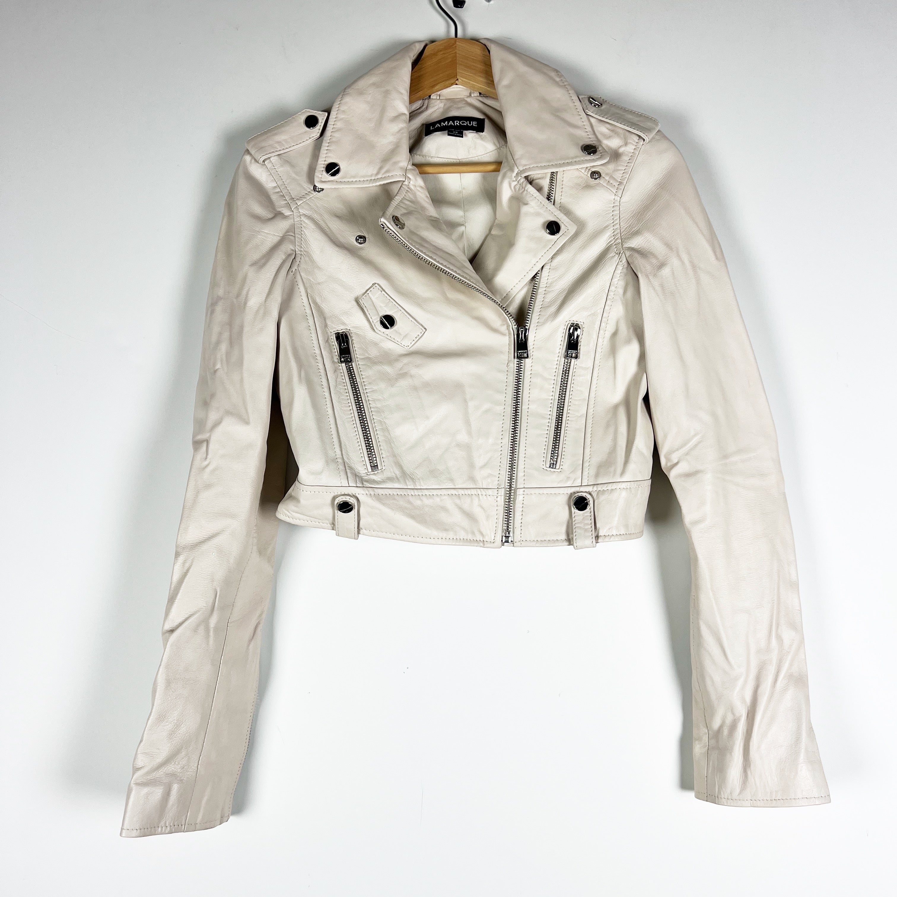 Lamarque Ciara Genuine Lamb Leather Cropped Moto Jacket Ivory Neutral XS