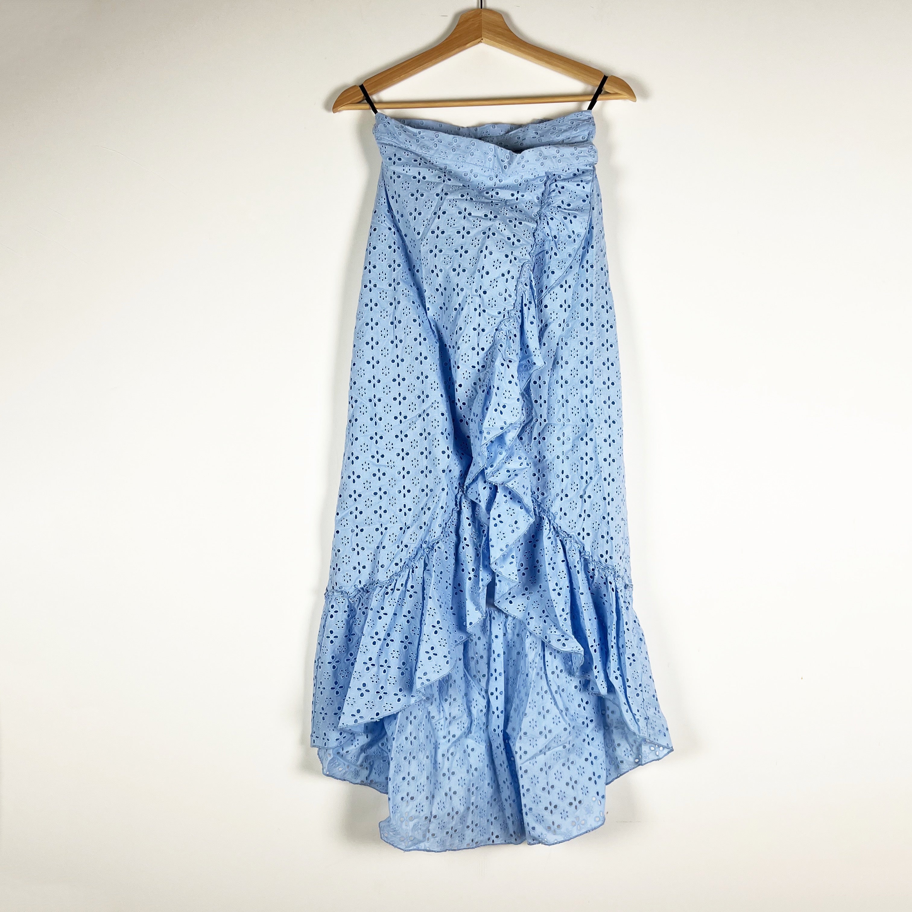 Majorelle Peanut Cotton Eyelet Lace Ruffle Wrap Straight Midi Skirt Bluebird XS