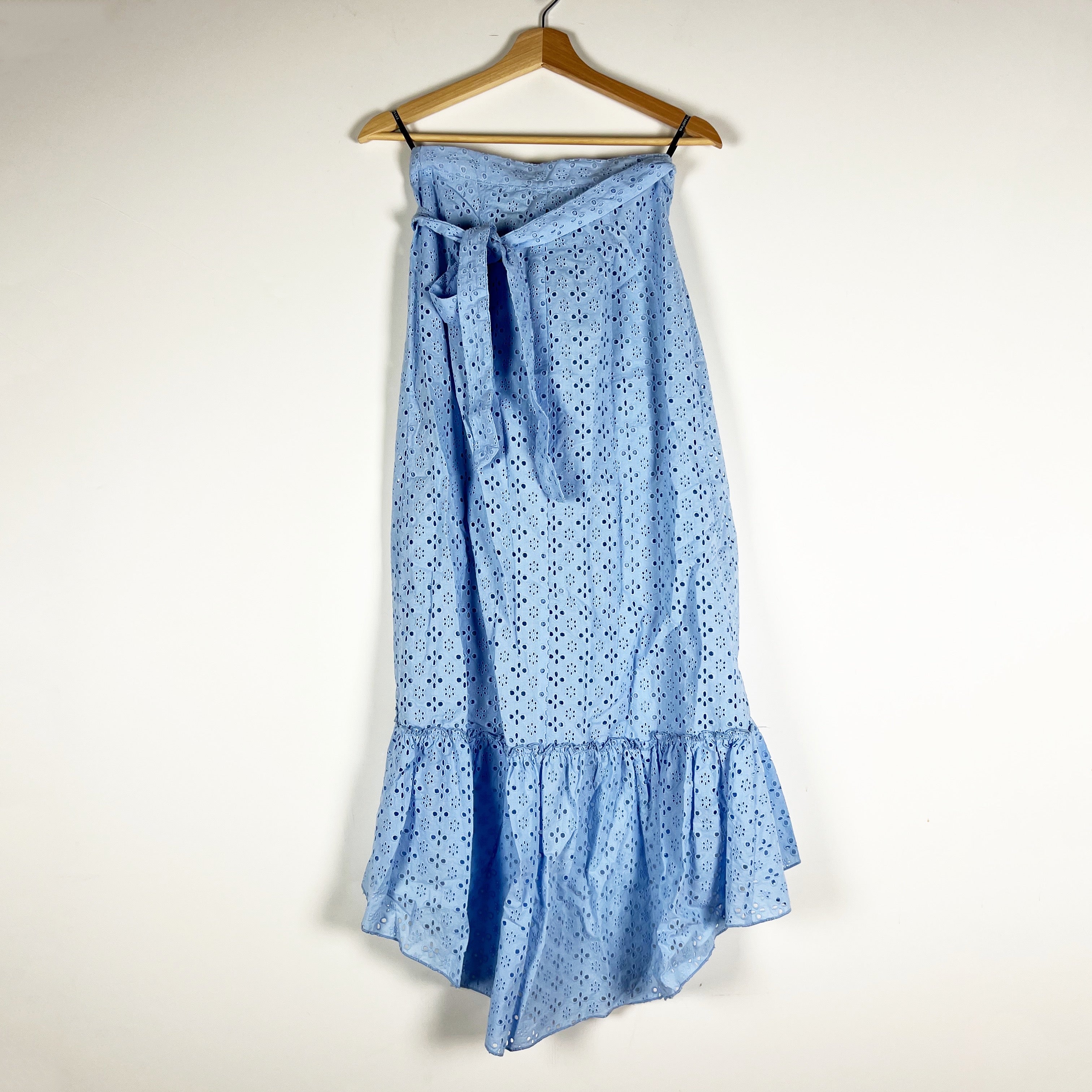 Majorelle Peanut Cotton Eyelet Lace Ruffle Wrap Straight Midi Skirt Bluebird XS