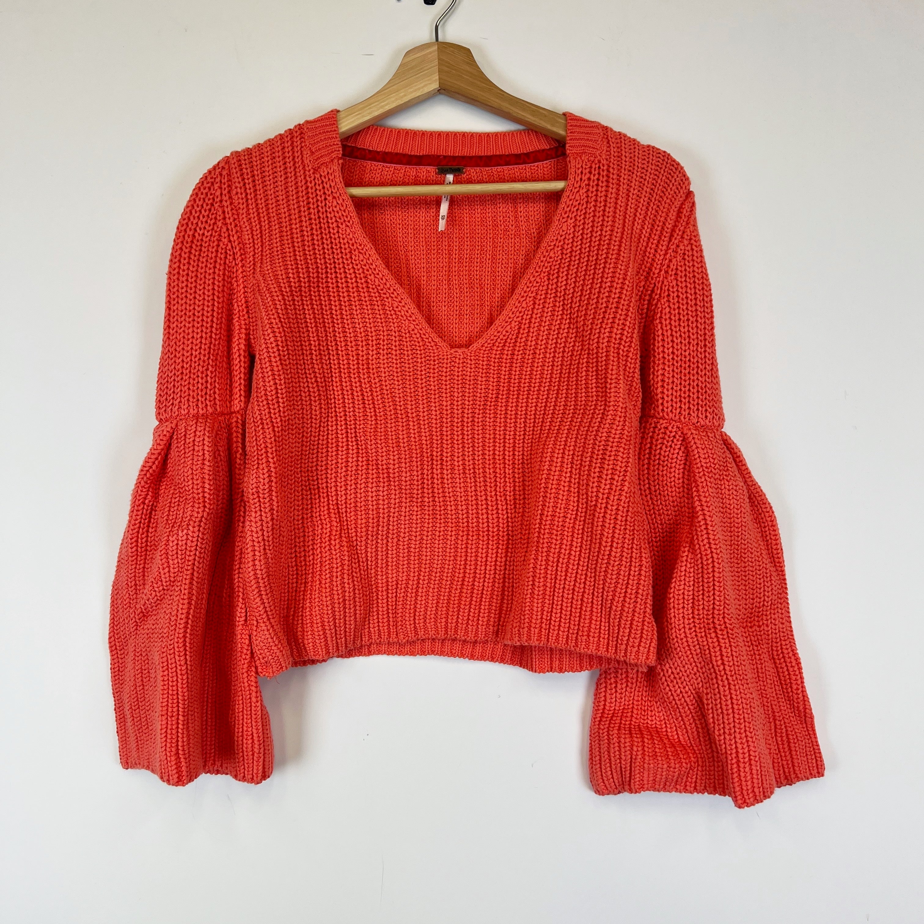 Free People Damsel Cotton Knit V Neck Bell Sleeve Pullover Sweater Coral XS