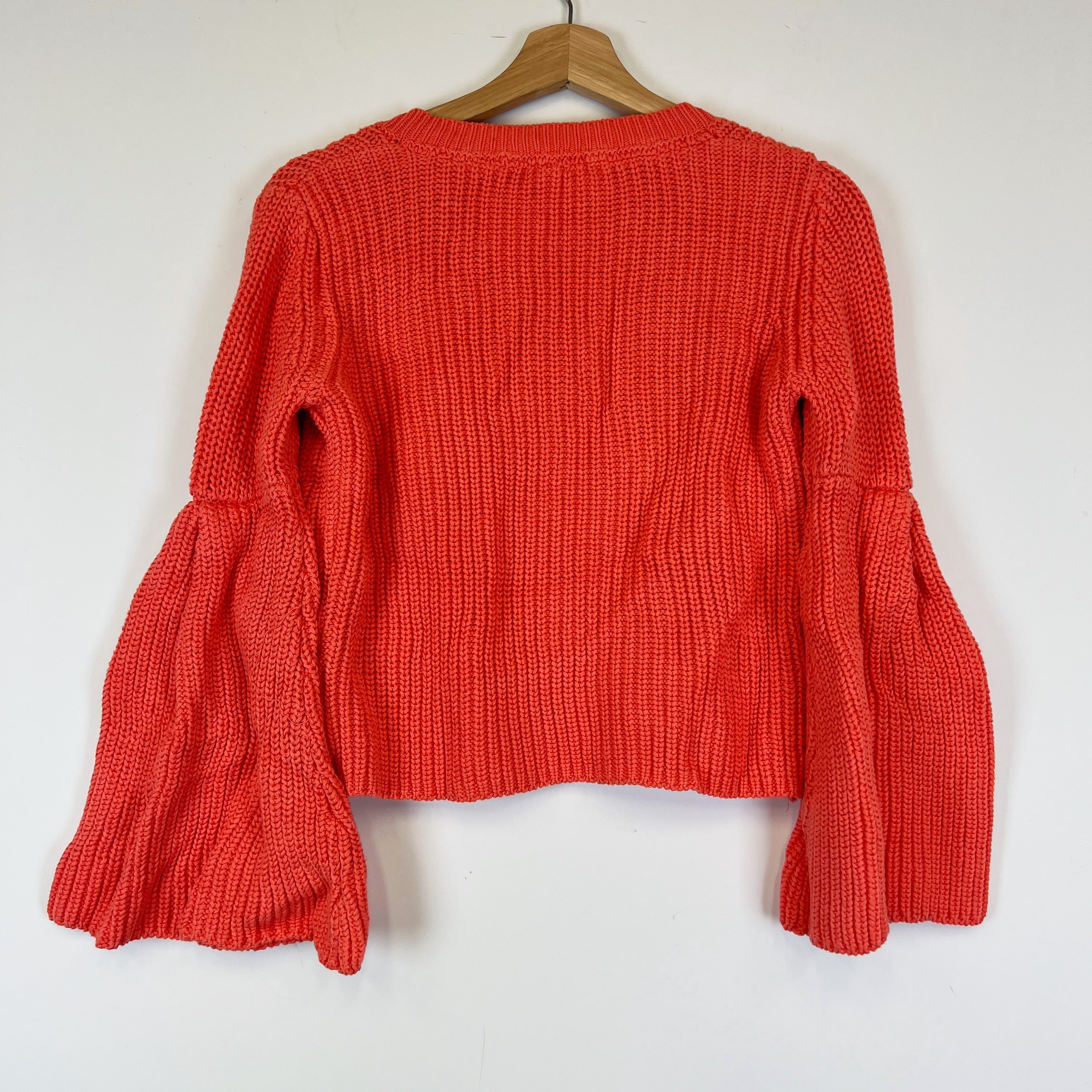 Free People Damsel Cotton Knit V Neck Bell Sleeve Pullover Sweater Coral XS