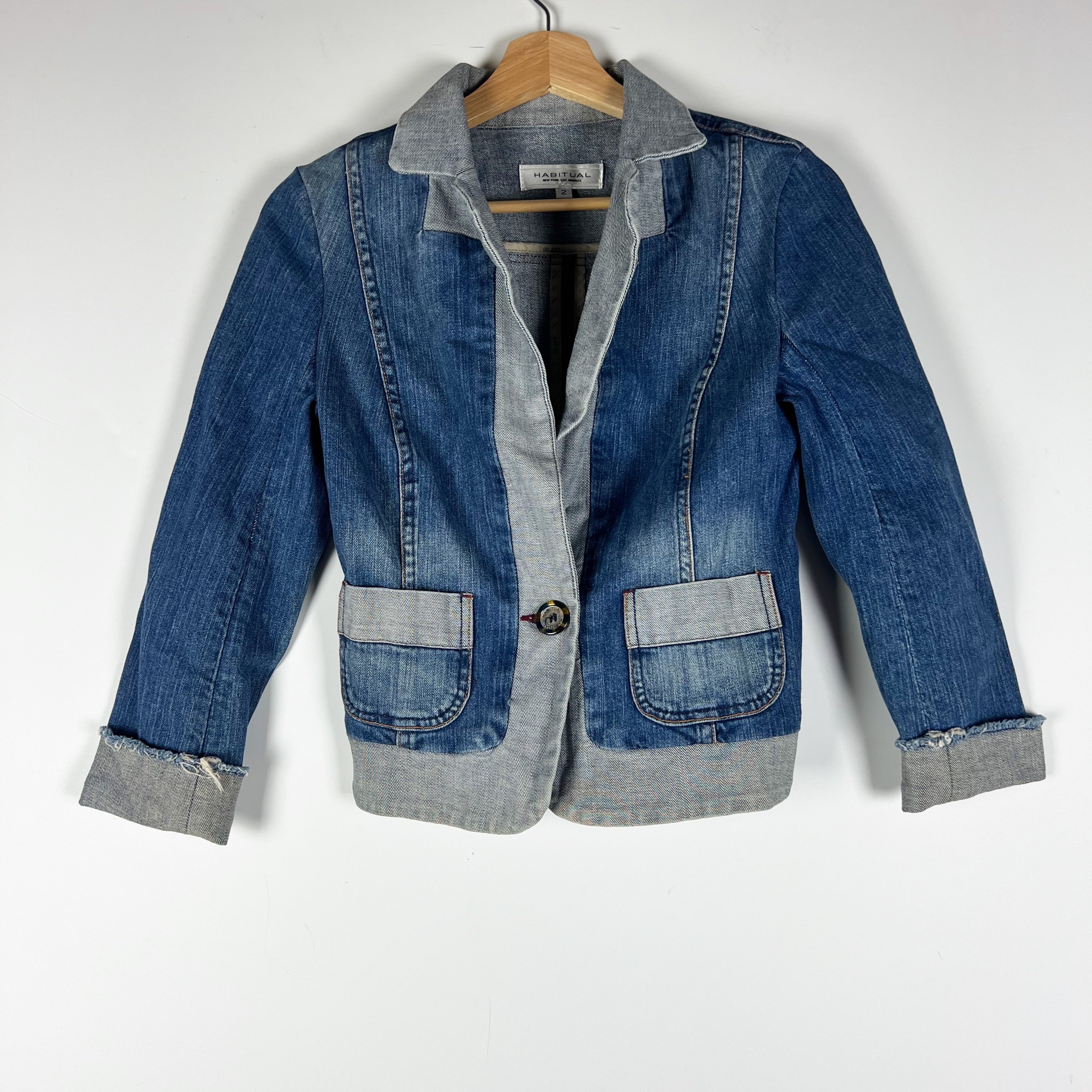 Habitual Cotton Stretch Collared One Button Denim Jean Jacket Stoned Blue Wash 2