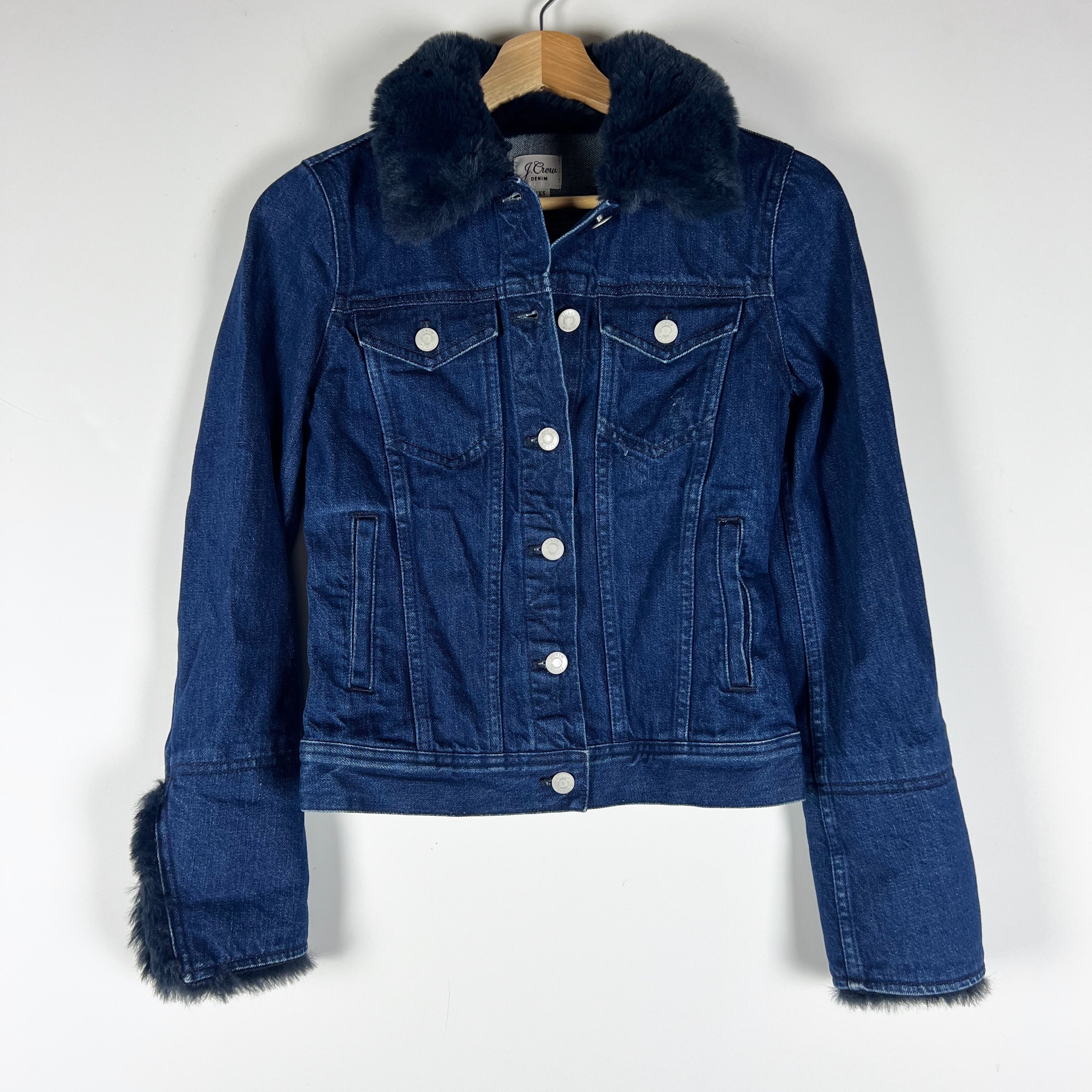 J. Crew Women's Cotton Stretch Denim Jean Faux Vegan Fur Trim Jacket Indigo Blue