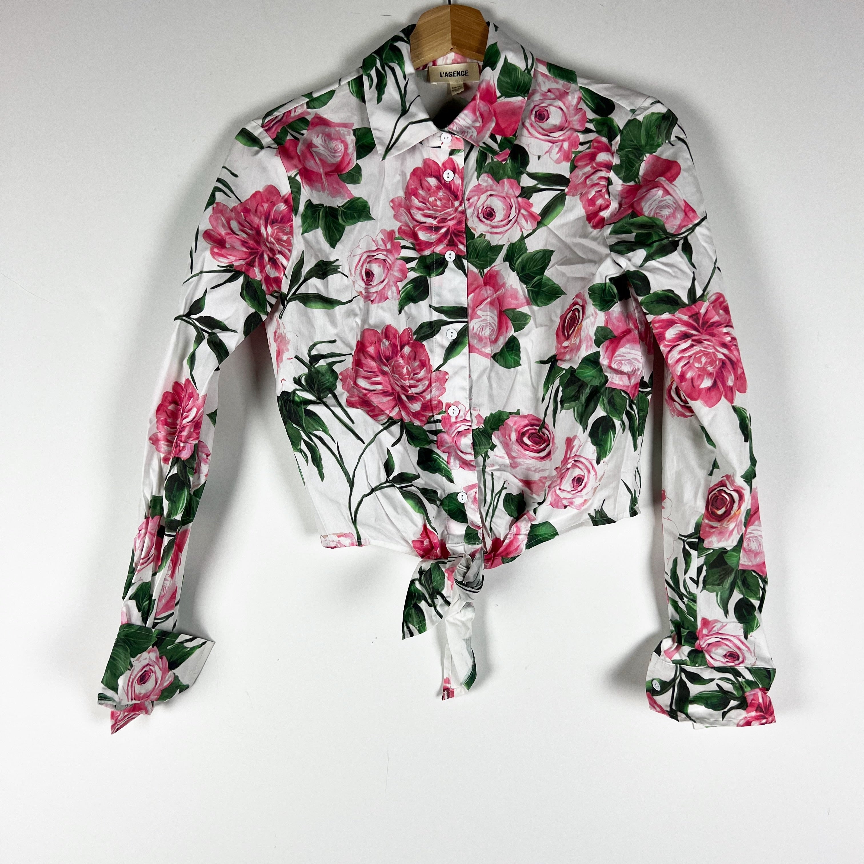 L'Agence Gaia Cotton Stretch Tie Front Collared Long Sleeve Rosa Print Blouse