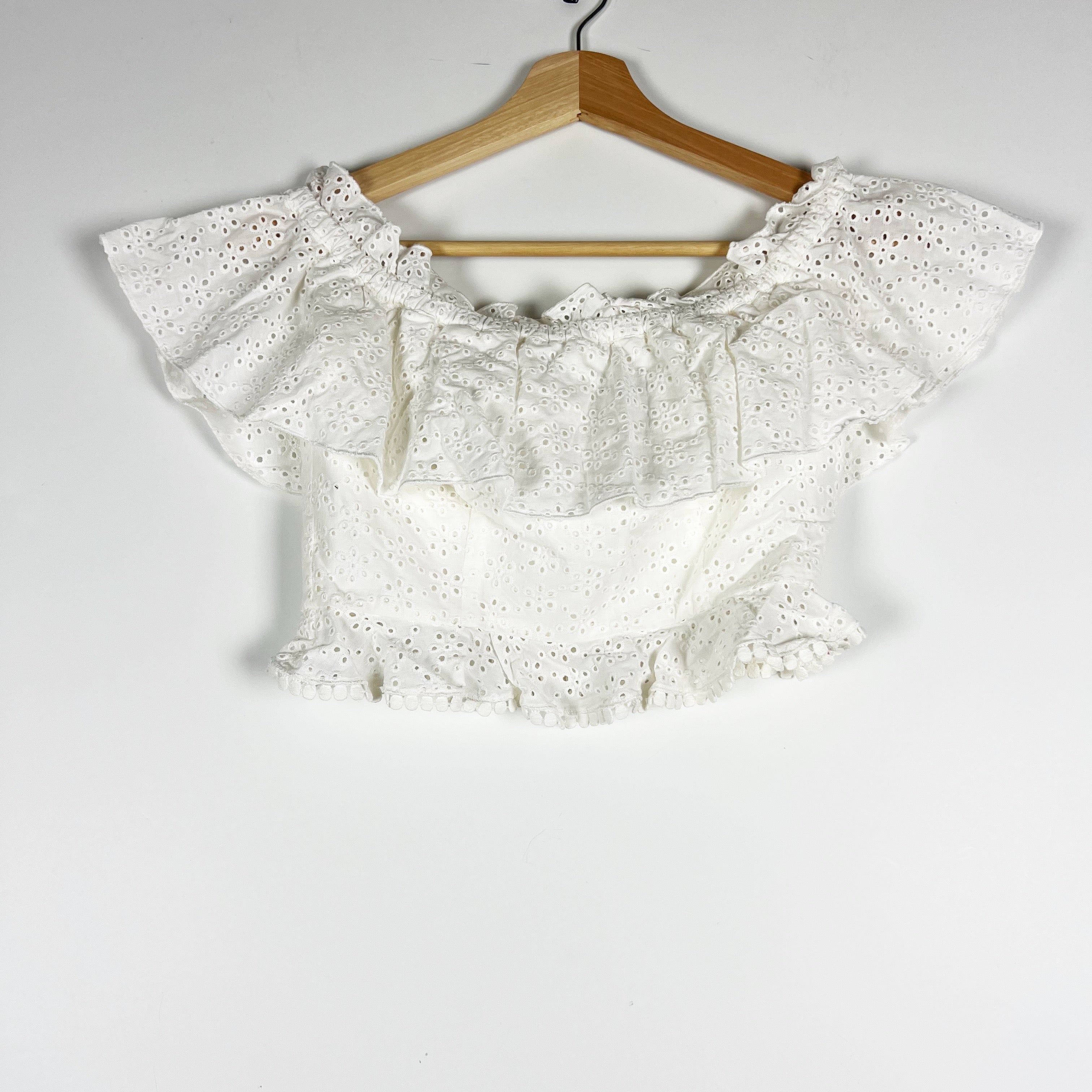 Majorelle Julianna Cotton Eyelet Lace Off The Shoulder Ruffle Crop Top White XS