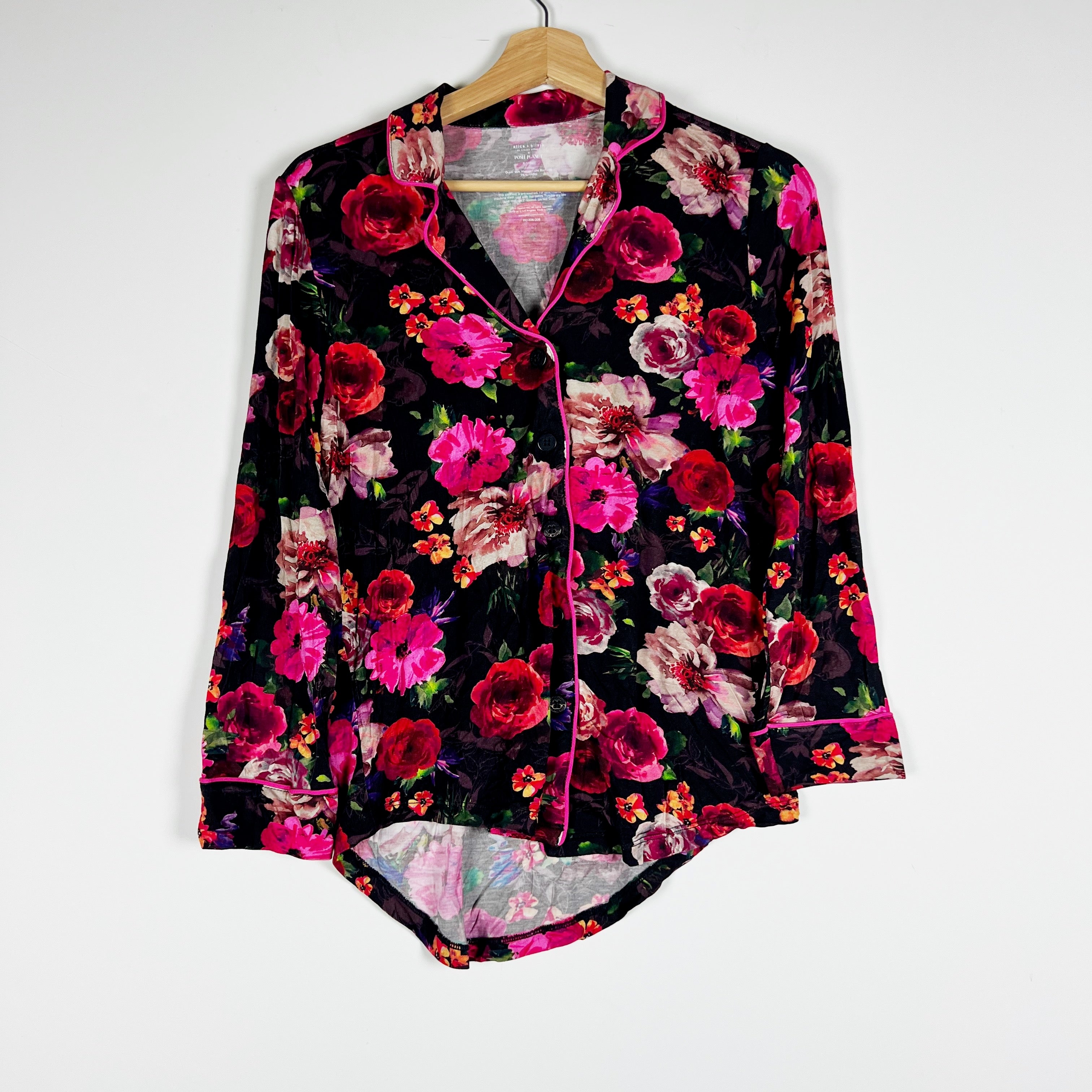 Alice And Olivia x Posh Peanut Button Front Collared Pajama Shirt Midnight Rose