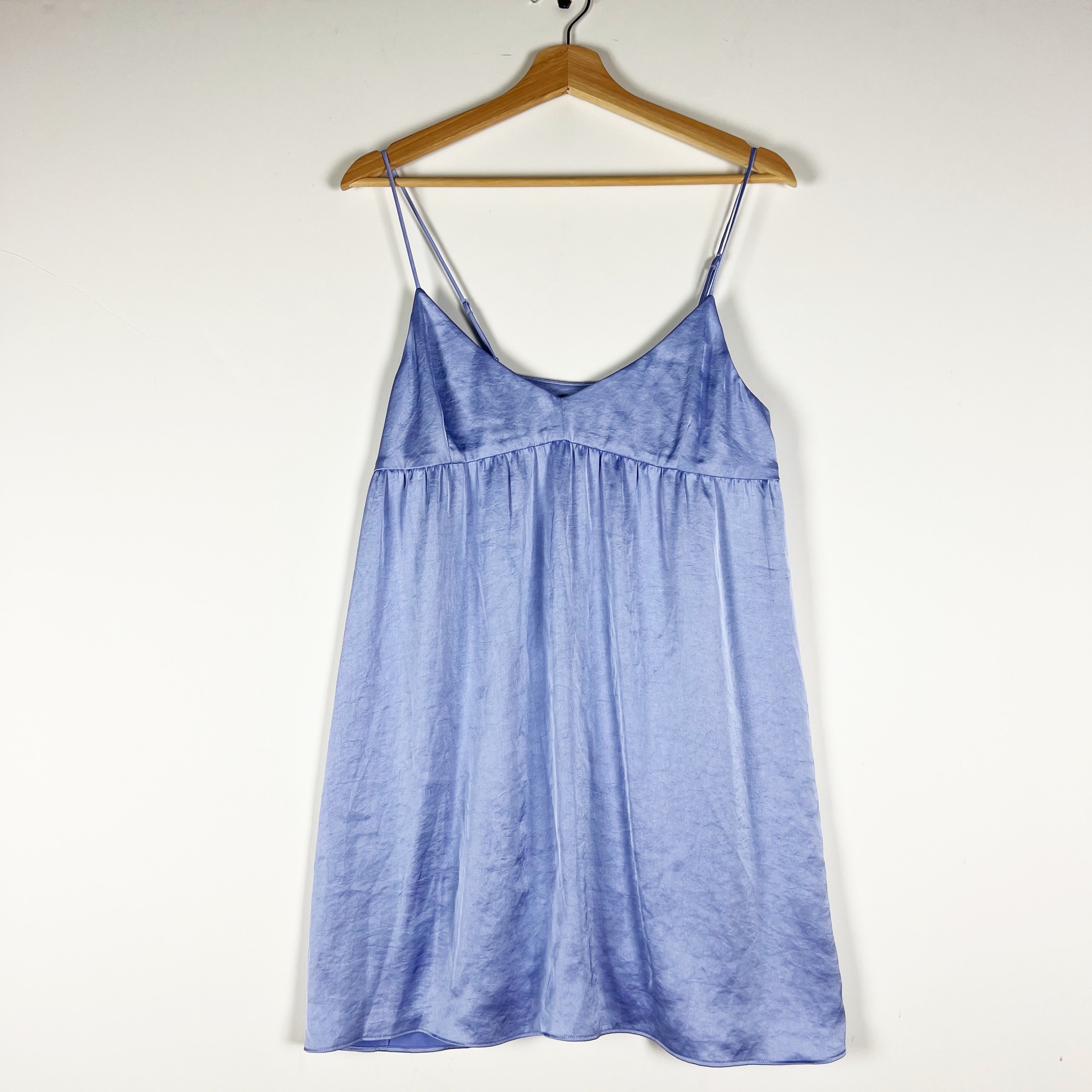 Wilfred Aritzia Lover Satin V Neck Mini Pullover Babydoll Slip Dress Light Blue