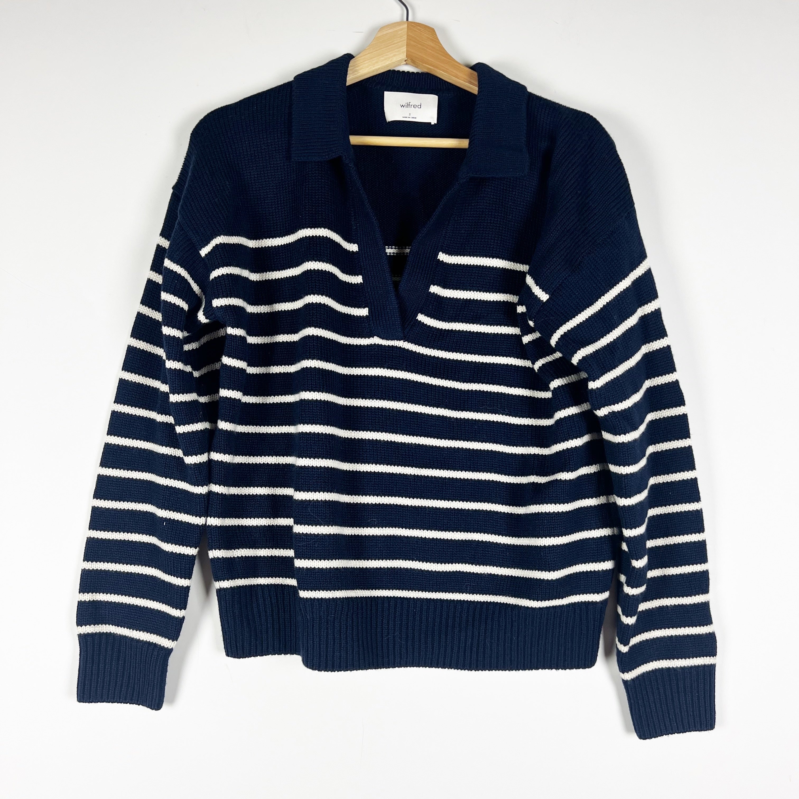 Wilfred Aritzia Clara Relaxed Merino Wool Collared V Neck Polo Stripe Sweater S