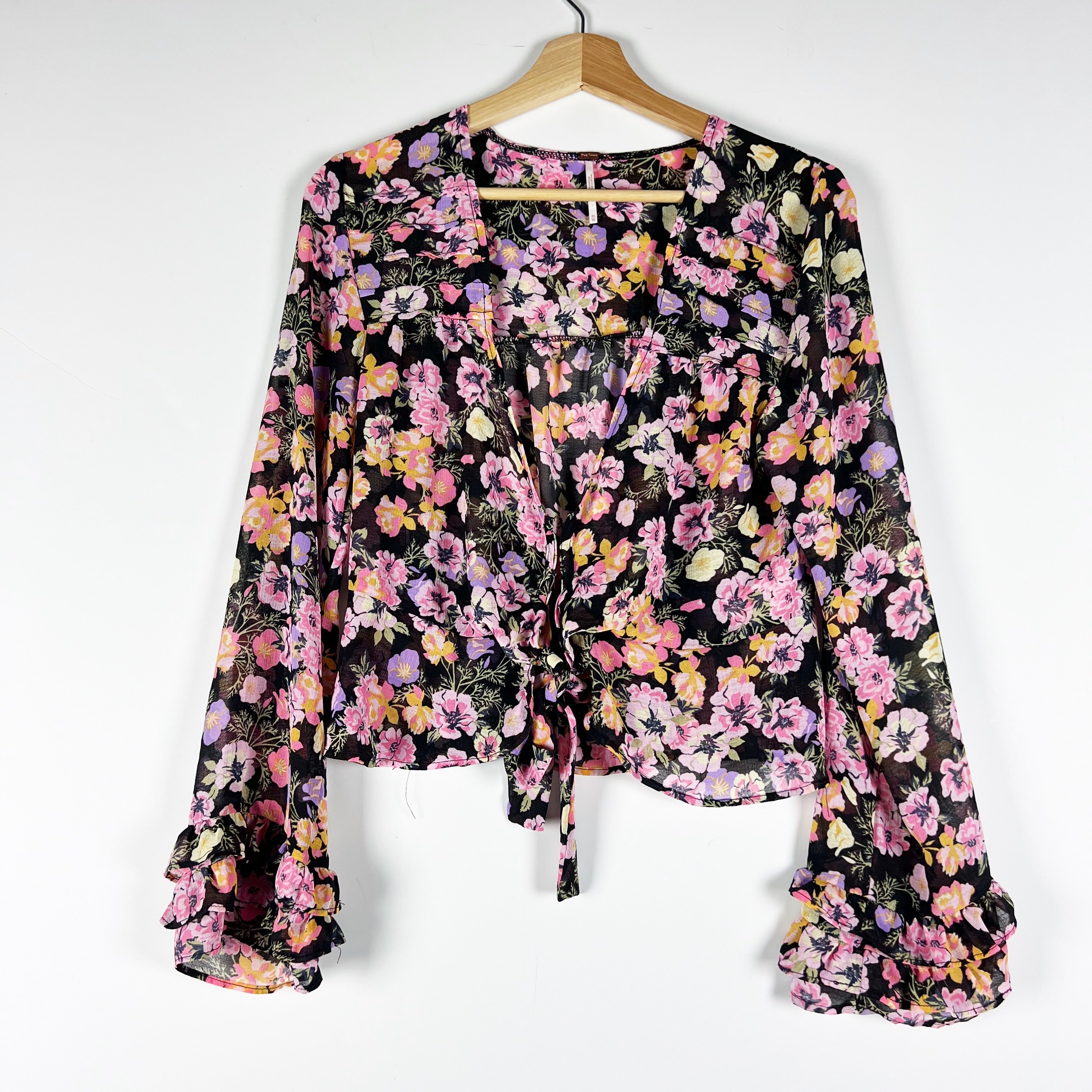 Free People Maybel Tulle Mesh V Neck Long Sleeve Black Combo Floral Multi Blouse