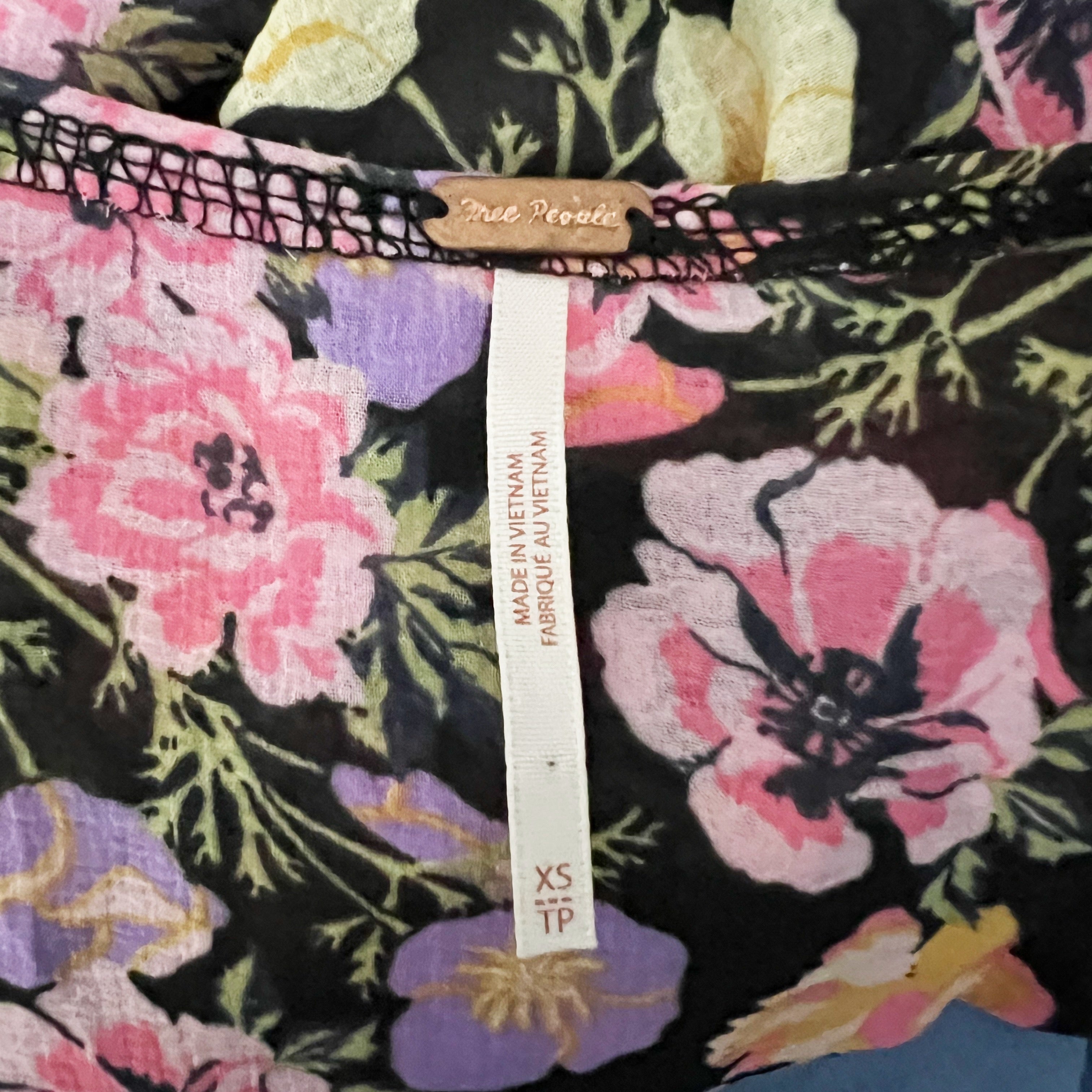 Free People Maybel Tulle Mesh V Neck Long Sleeve Black Combo Floral Multi Blouse