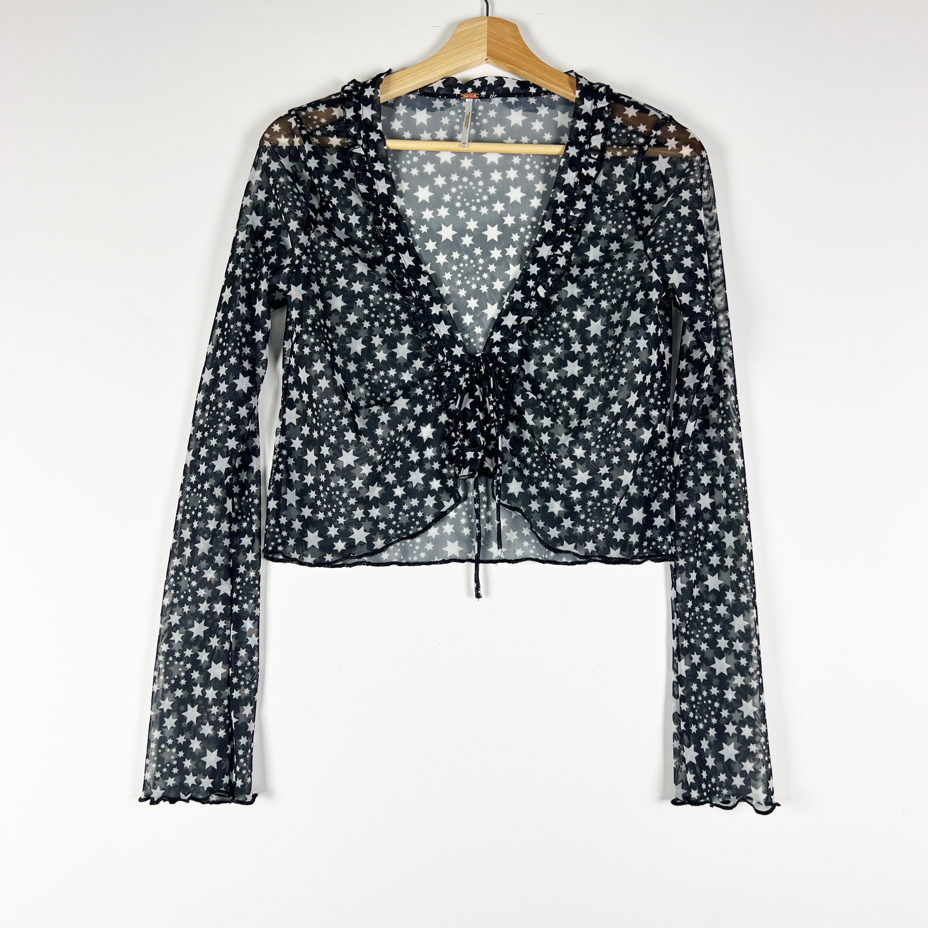 Free People Marne Mesh Tulle Black White Star Print Pattern V Neck Ruched Blouse