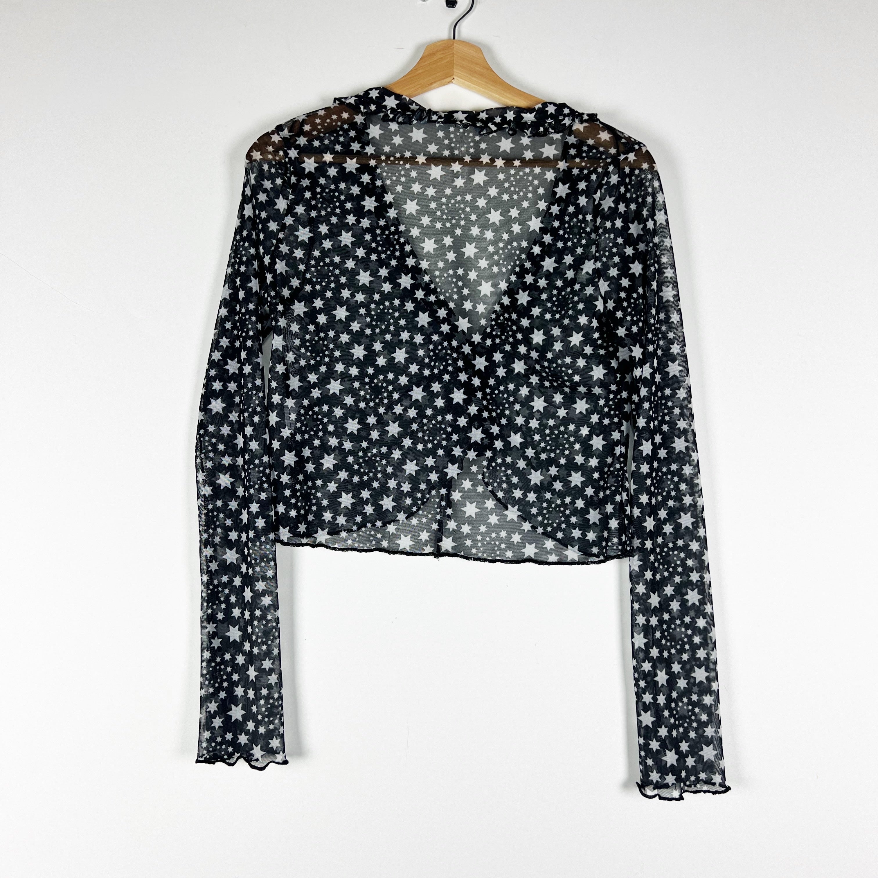 Free People Marne Mesh Tulle Black White Star Print Pattern V Neck Ruched Blouse