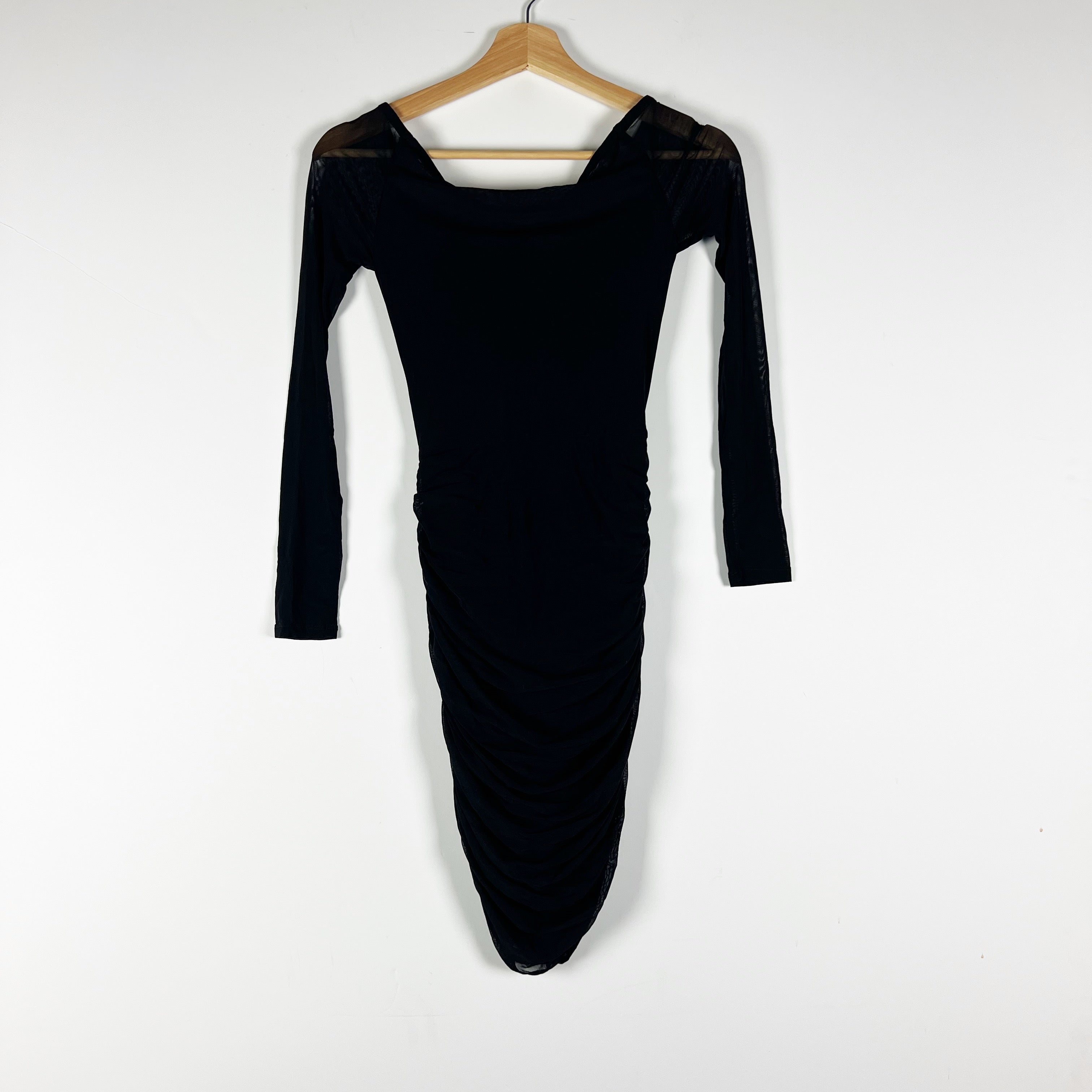 H:Ours Tulle Mesh Ruched Cut Out Long Sleeve Bodycon Party Mini Dress Black XS