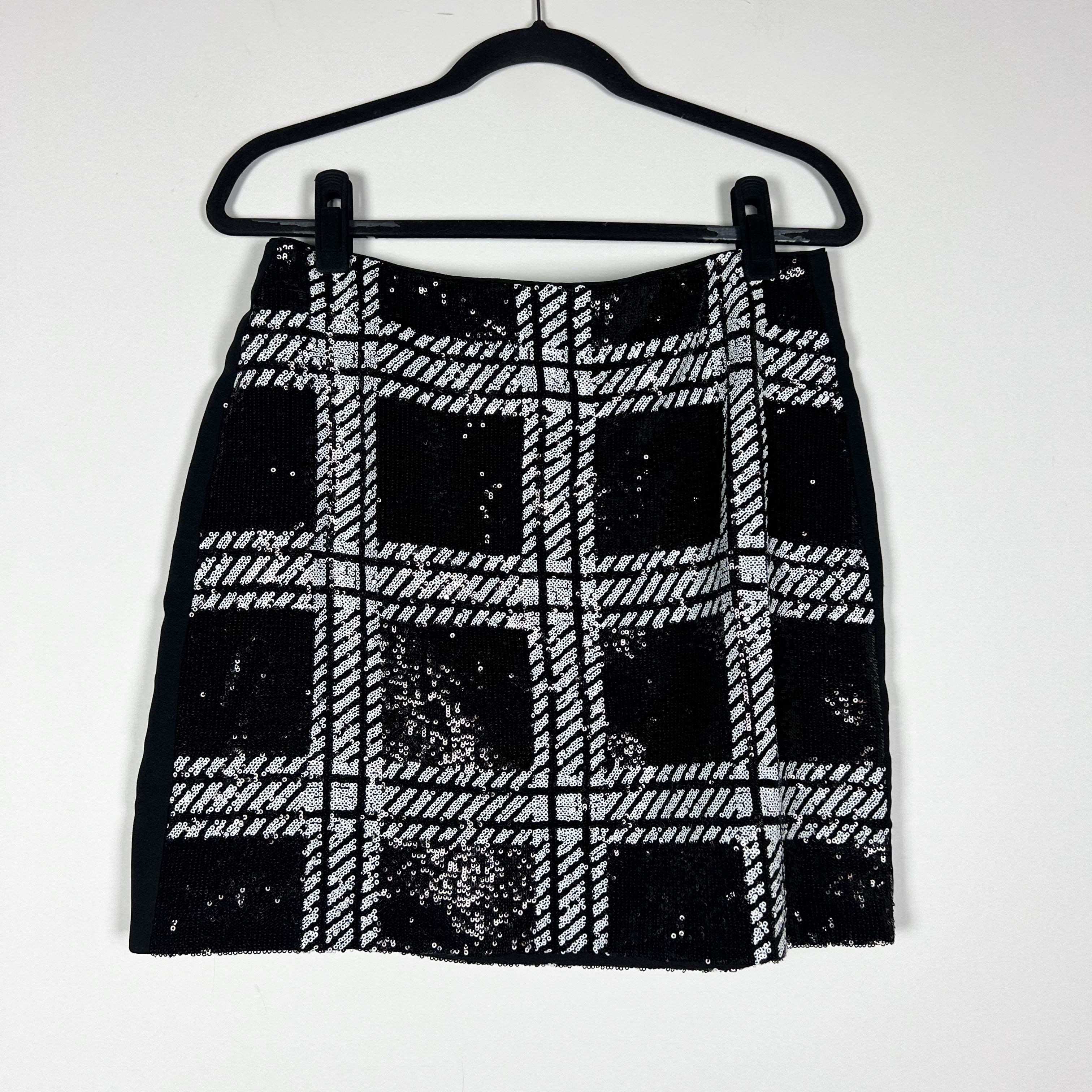 NEW Ted Baker Hoopss Check Sequin Embellished Sparkle Mini Skirt Black White 10