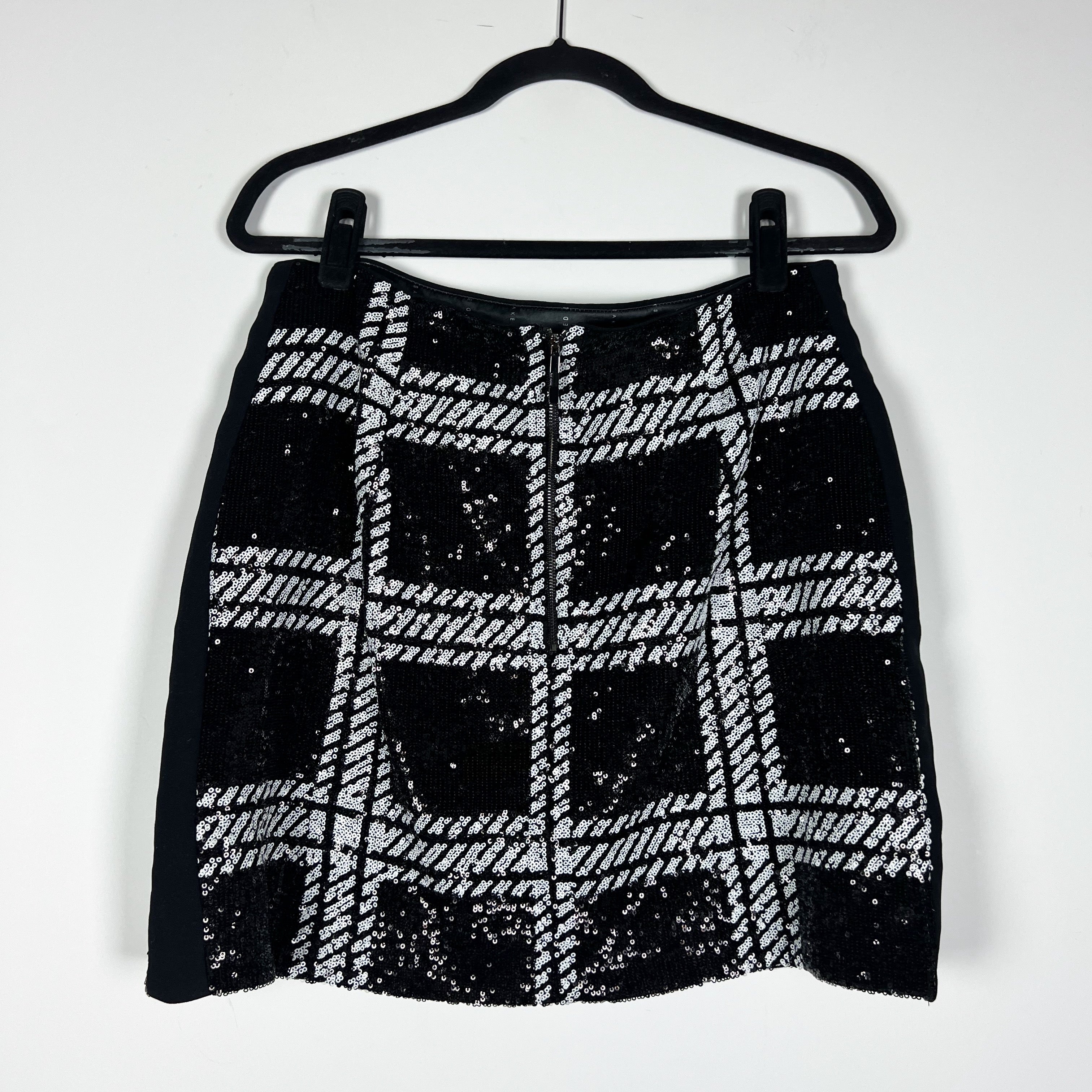 NEW Ted Baker Hoopss Check Sequin Embellished Sparkle Mini Skirt Black White 10