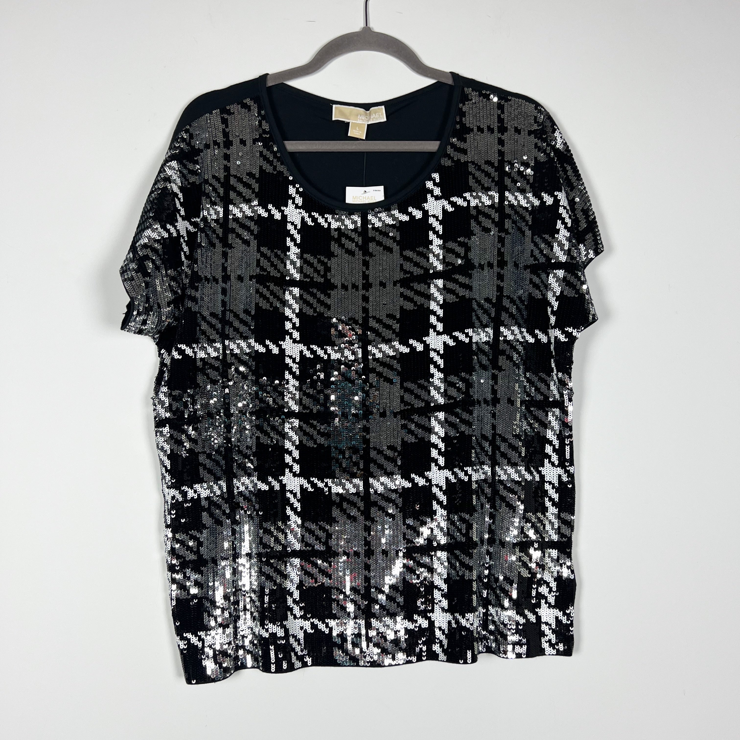 NEW Michael Michael Kors Black Silver Houndstooth Sequin Embellished Shirt Top L
