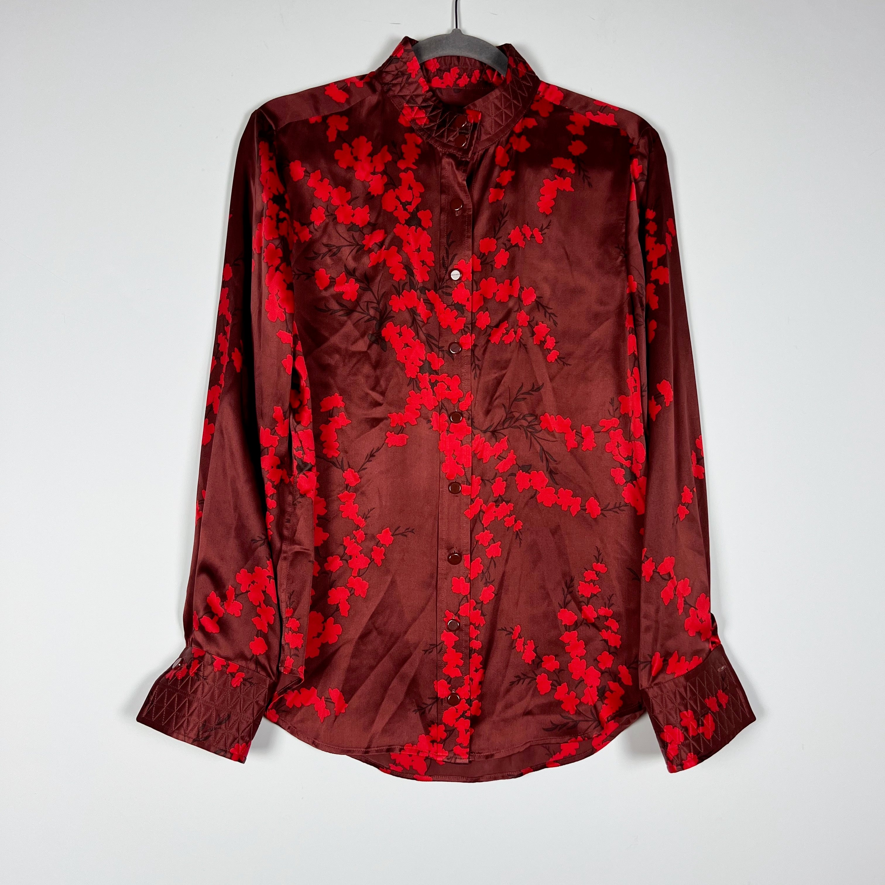 Equipment Maisa Floral Button Down Silk Satin Blouse In Smoke Paprika Multi L
