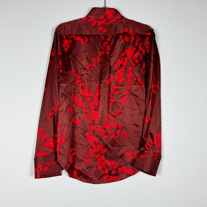 Equipment Maisa Floral Button Down Silk Satin Blouse In Smoke Paprika Multi L