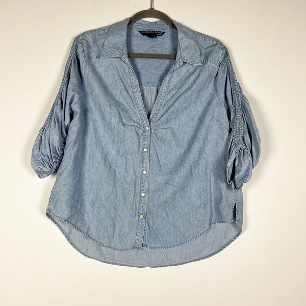 Veronica Beard Porta Button Down Collared Ruched Sleeve Blouse Shirt Lkshre Blue