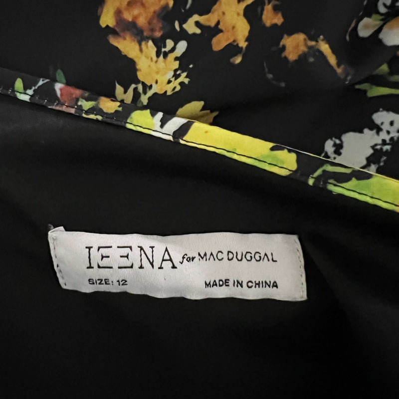 Ieena For Mac Duggal Black Floral Print Draped One Shoulder Midi Cocktail Dress