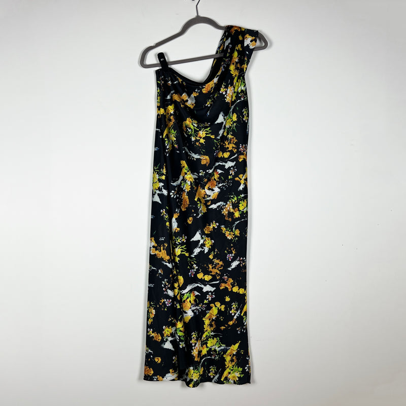 Ieena For Mac Duggal Black Floral Print Draped One Shoulder Midi Cocktail Dress