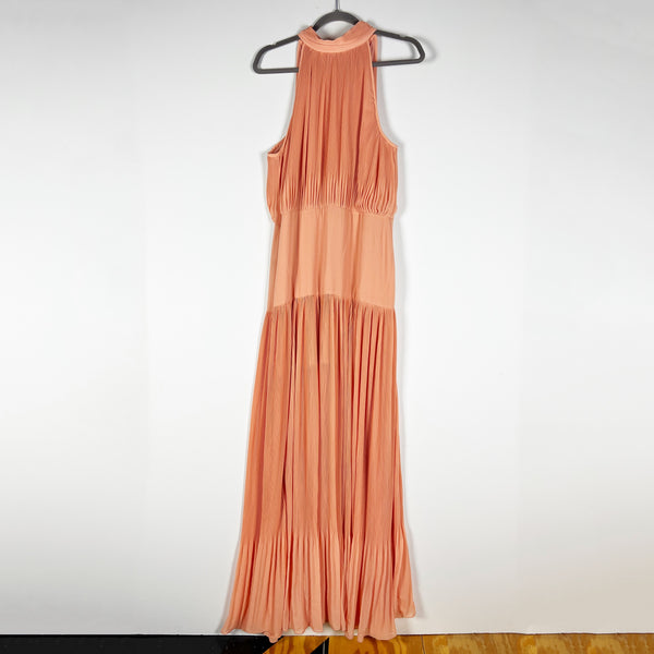 Veronica Beard Lilliana High Neck Plisse Pleated Long Maxi Dress Bright Coral 12