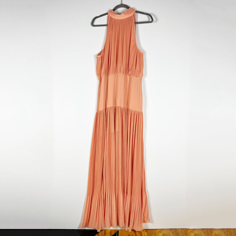 Veronica Beard Lilliana High Neck Plisse Pleated Long Maxi Dress Bright Coral 12
