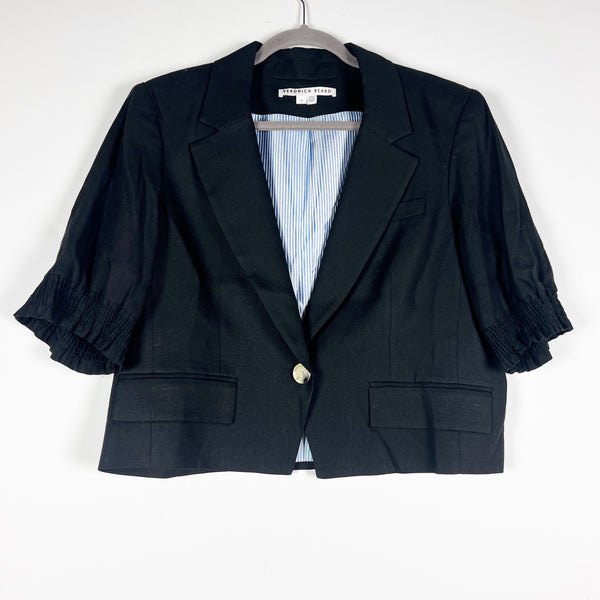Veronica Beard Annabella Linen Blend Half Sleeve One Button Blazer Jacket Black