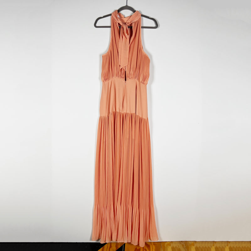 Veronica Beard Lilliana High Neck Plisse Pleated Long Maxi Dress Bright Coral 12